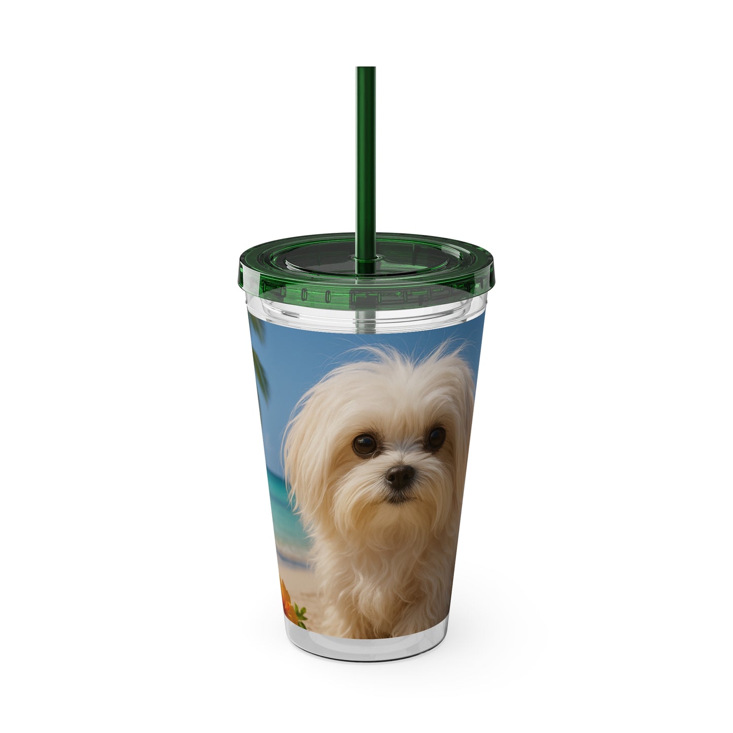 Tropical Tumbler with Straw | 16oz Colorful Travel Cup / Puppy Ariel at the Beach