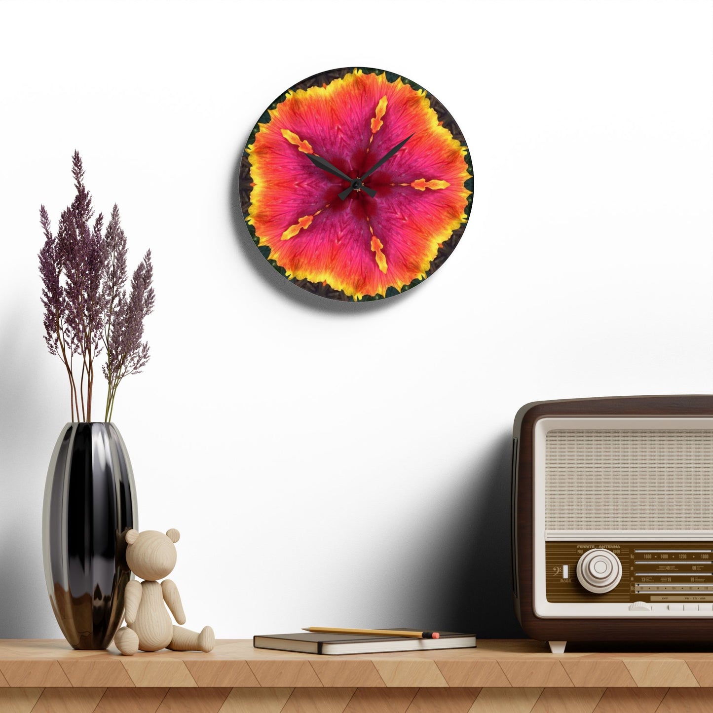 Acrylic Wall Clock - Hibiscus Kaleidoscope #1, Various Sizes