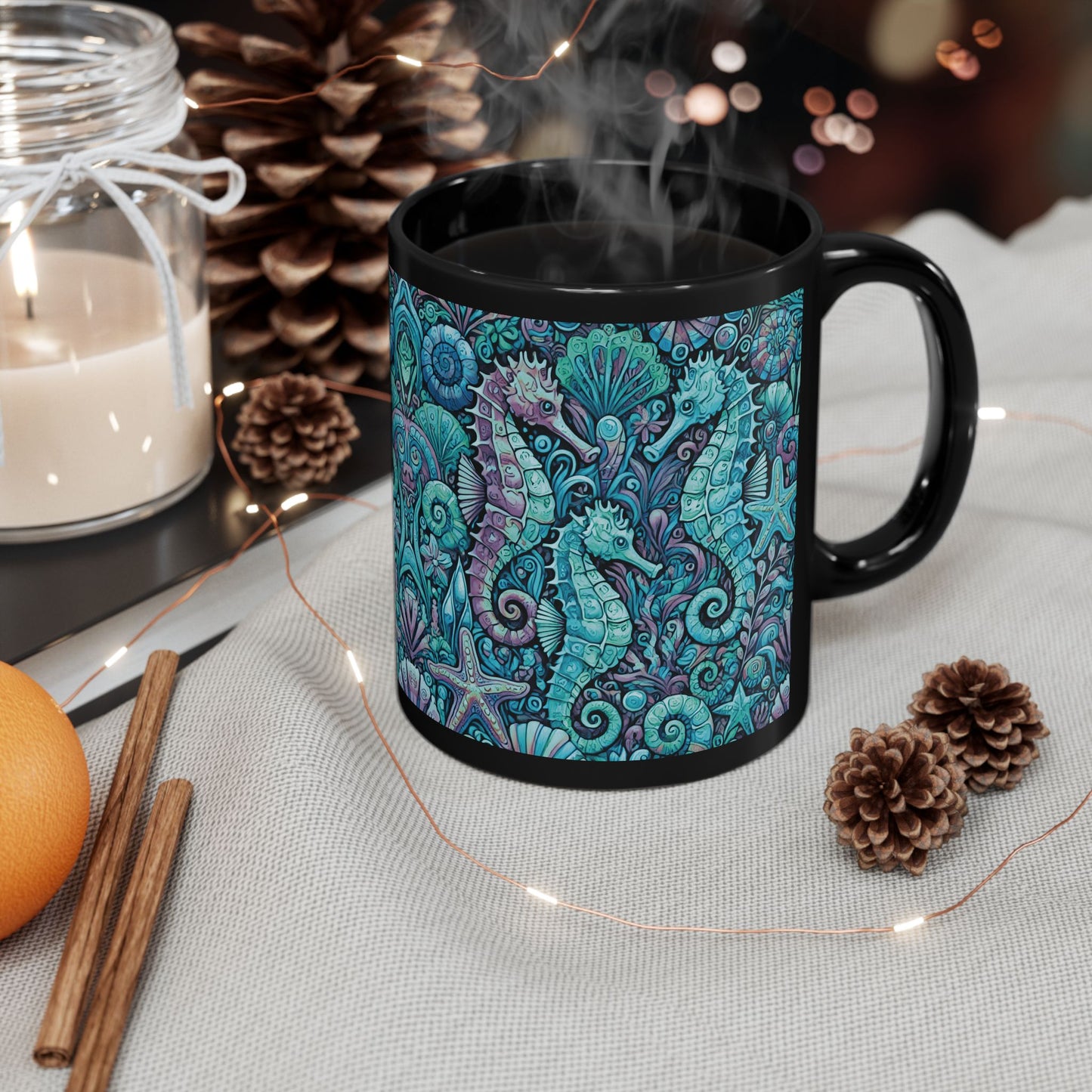 Black Coffee Mug - Seahorse Party, Turquoise
