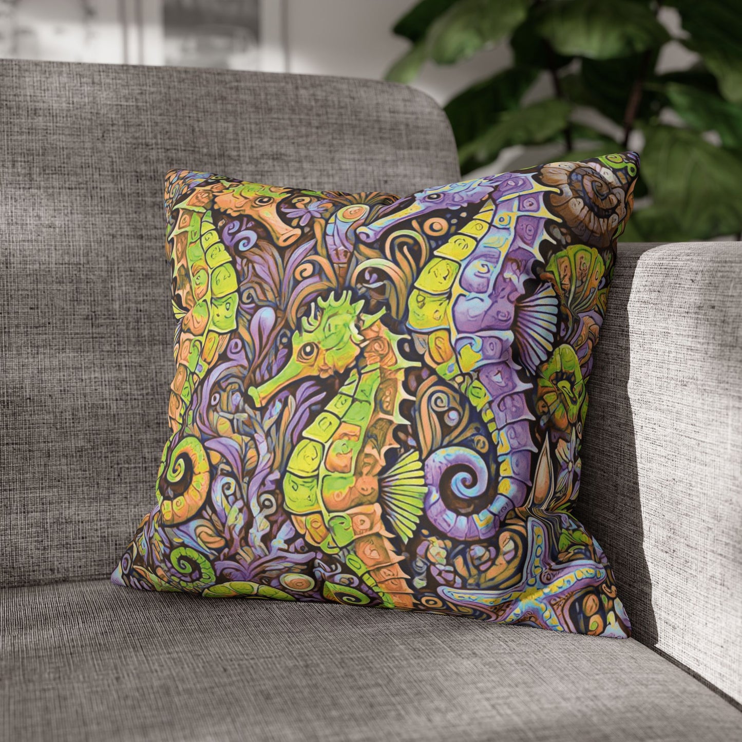 Faux Suede Square Pillowcase - Seahorse Trio, Purple