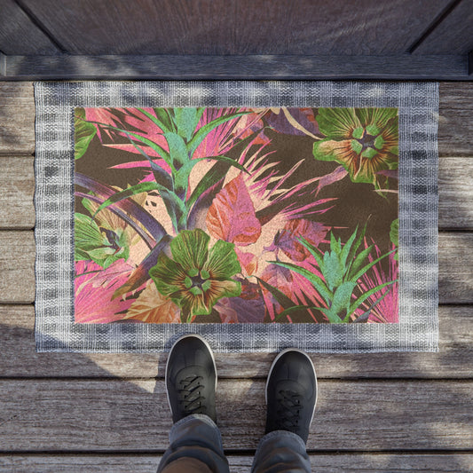 Botanical Floral Doormat / Vibrant Coconut Fiber Entrance Mat / Plant-Palooza, black