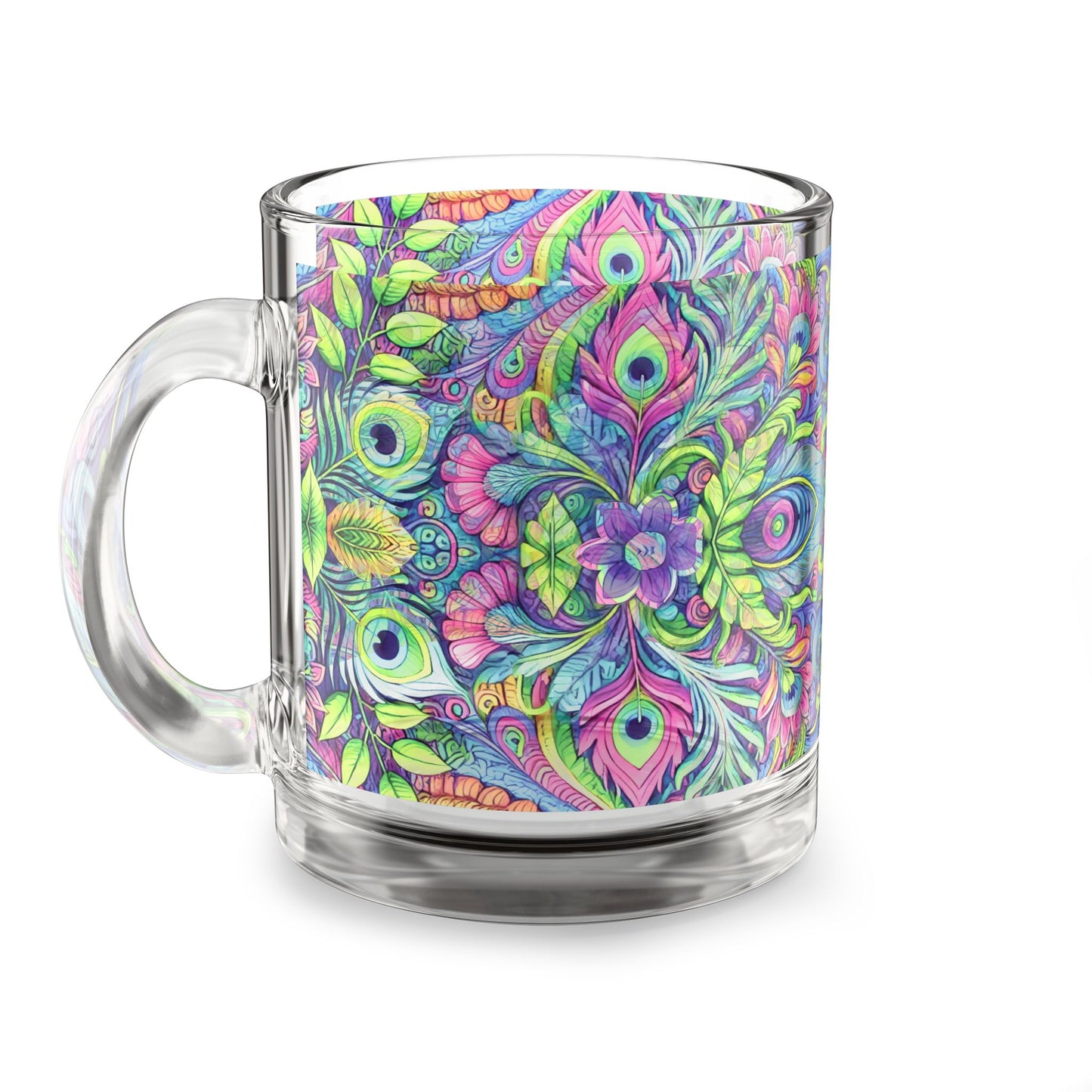 Tropical Glass Mug - 10oz Coffee Cup / Peacock Prism Kaleido