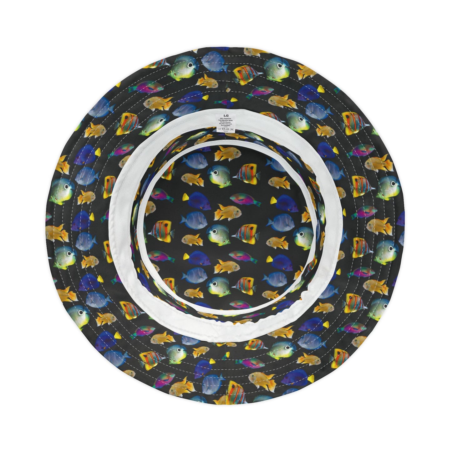 Tropical Polyester Bucket Hat, 2 Sizes - School of Fish / Black