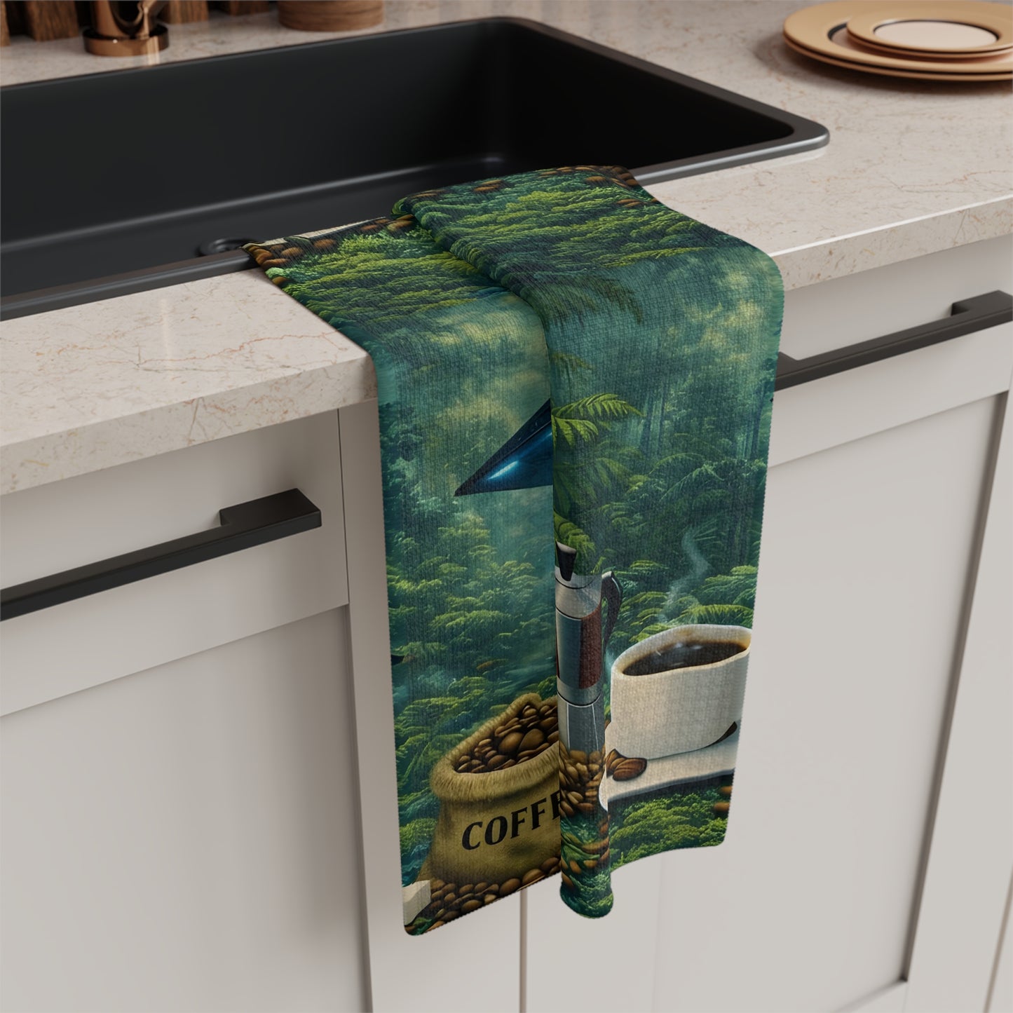 Microfiber Coffee/Tea Towel — UFO & Coffee in Rainforest