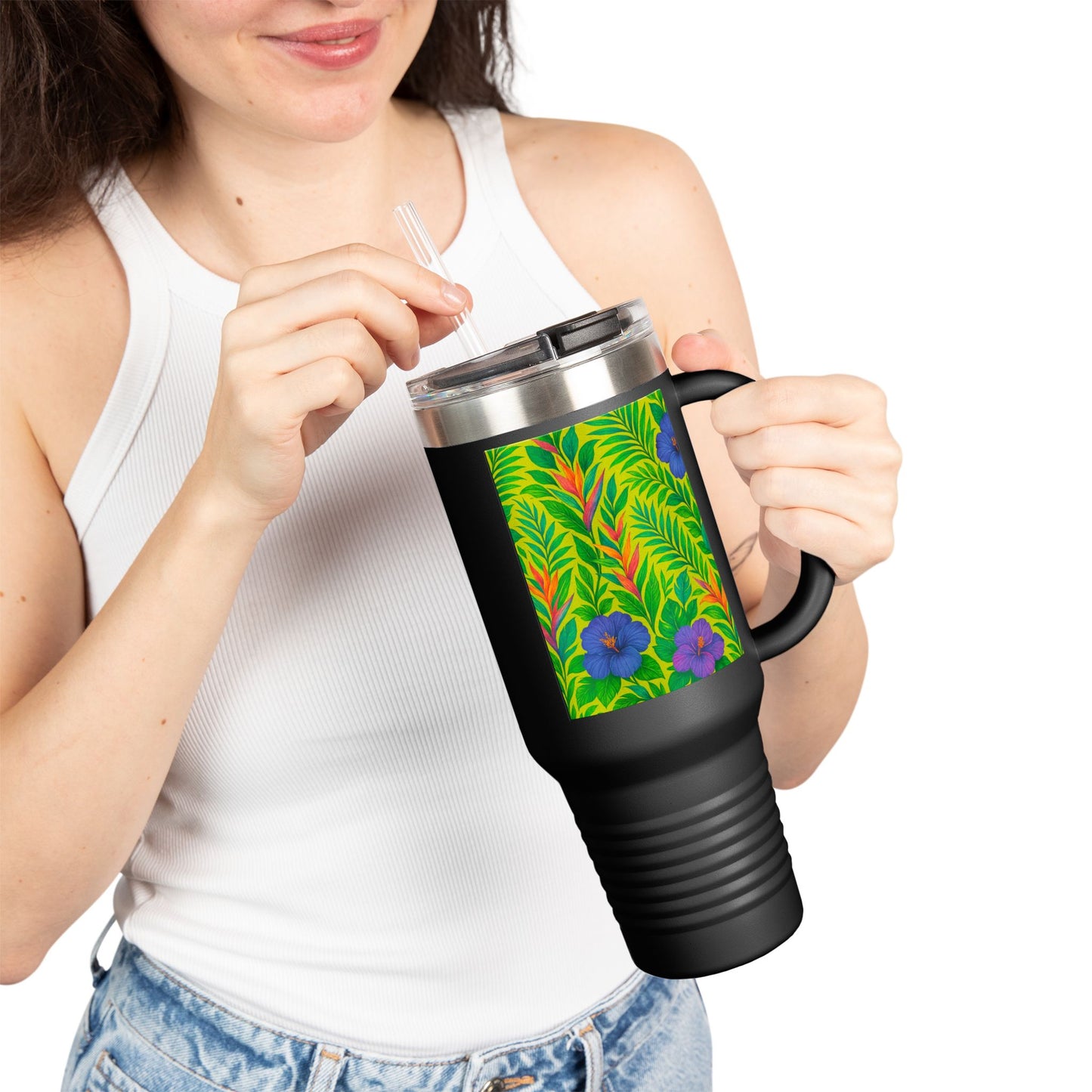 Midnight Flower Lime Insulated Travel Mug - 40oz - Perfect for Outdoor Adventures
