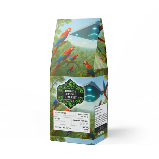 Black Coral Blend™ (Dark French Roast) Specialty Grade Craft Coffee / UFO and Macaws