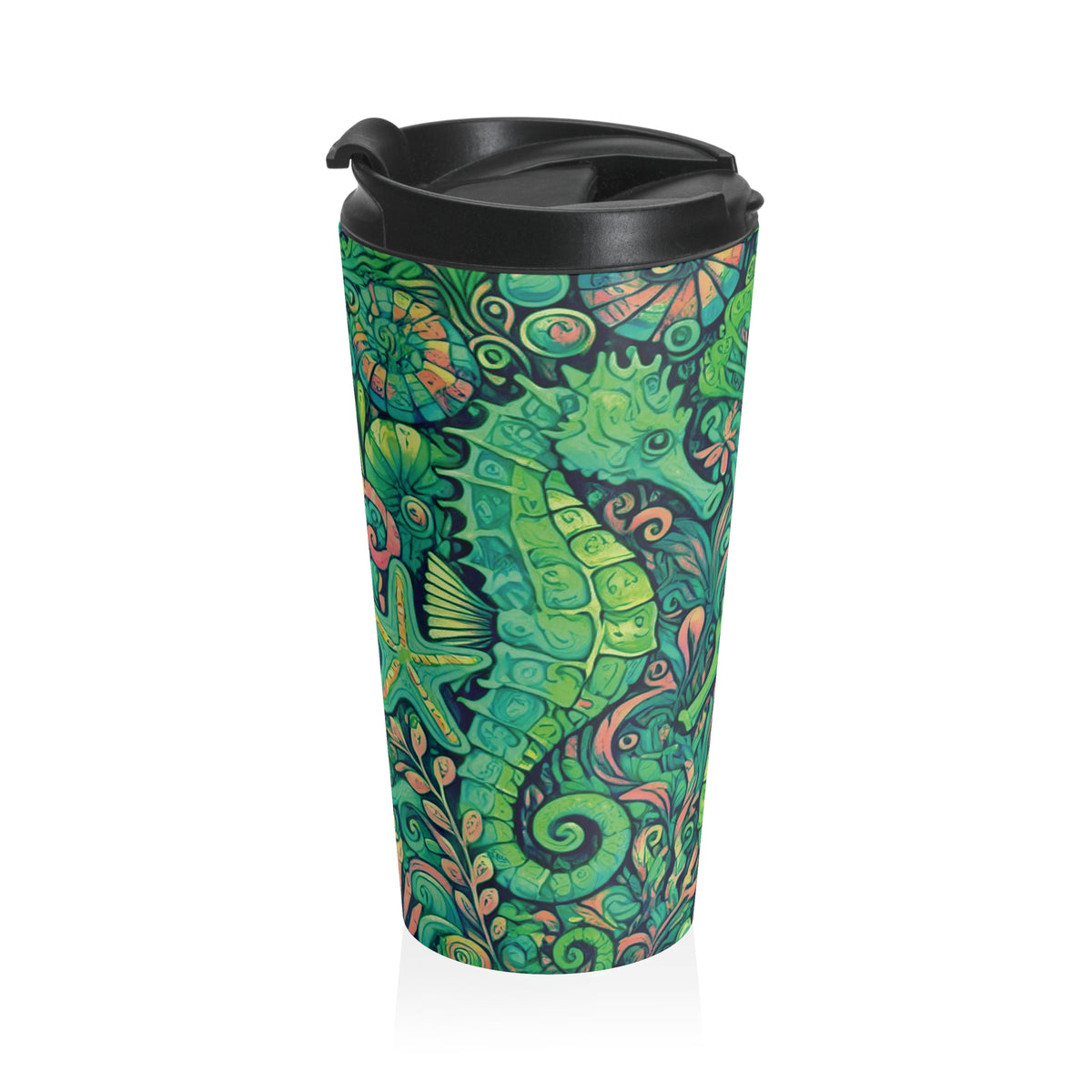 15 oz. Stainless Steel Travel Mug / Seahorse Trio, Lime