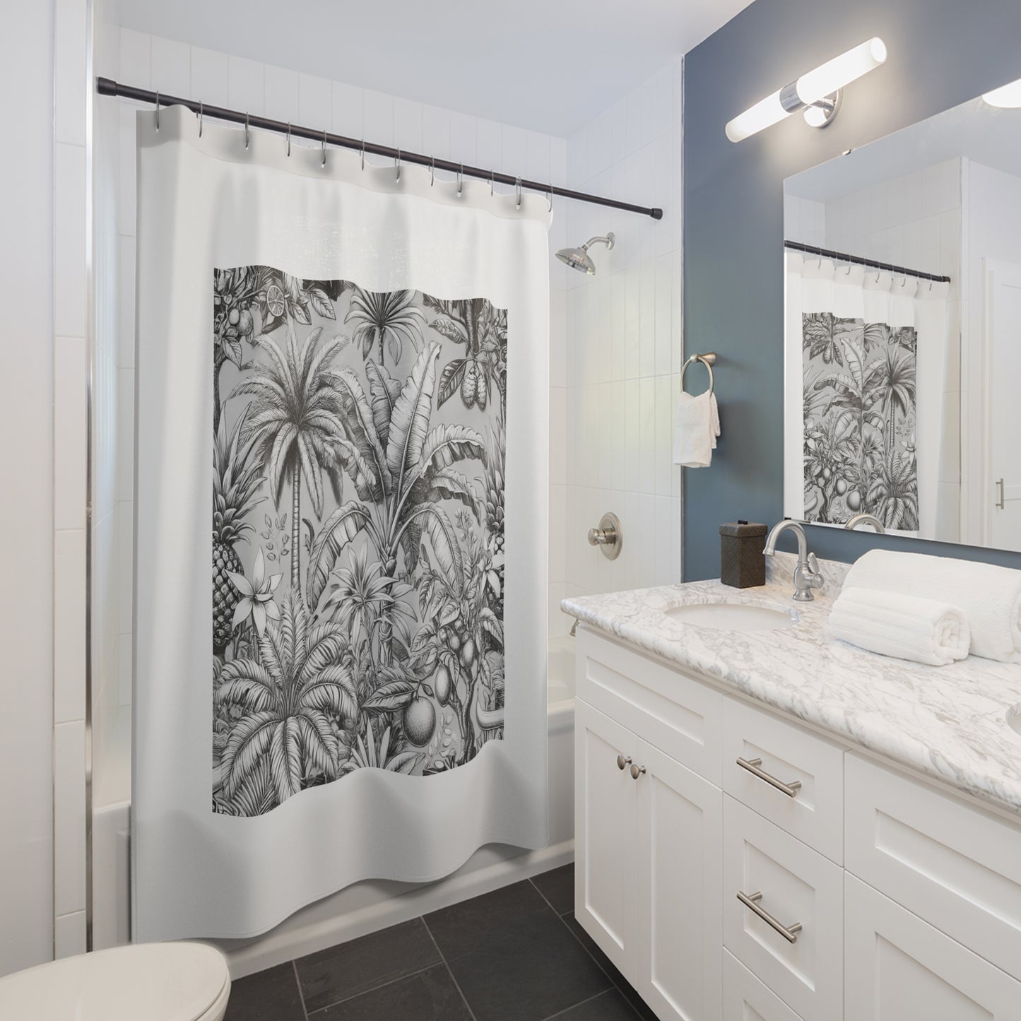 Palm Tree Shower Curtain - Ocean Bathroom Decor / Tropical Fruit/Newspaper, White