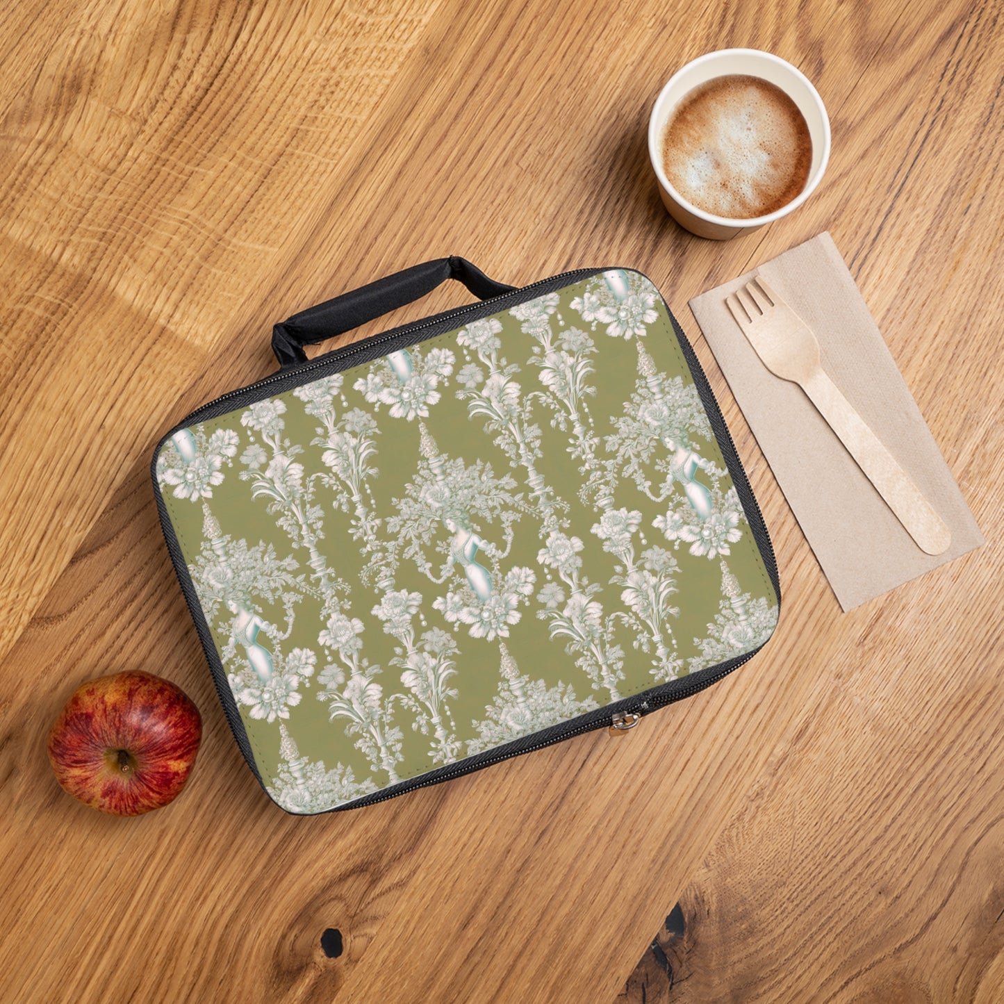 Pearl Lady Toile/Highborn Green Lunch Bag - Eco-Friendly Insulated Tote, Adult and Child Lunchbox / Perfect for Picnics, Beach Outings