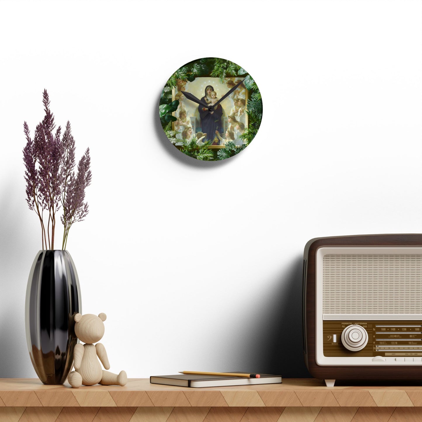 "Tropical Mary With the Angels"  Acrylic Wall Clock - Elegant Religious Decor for Home and Office