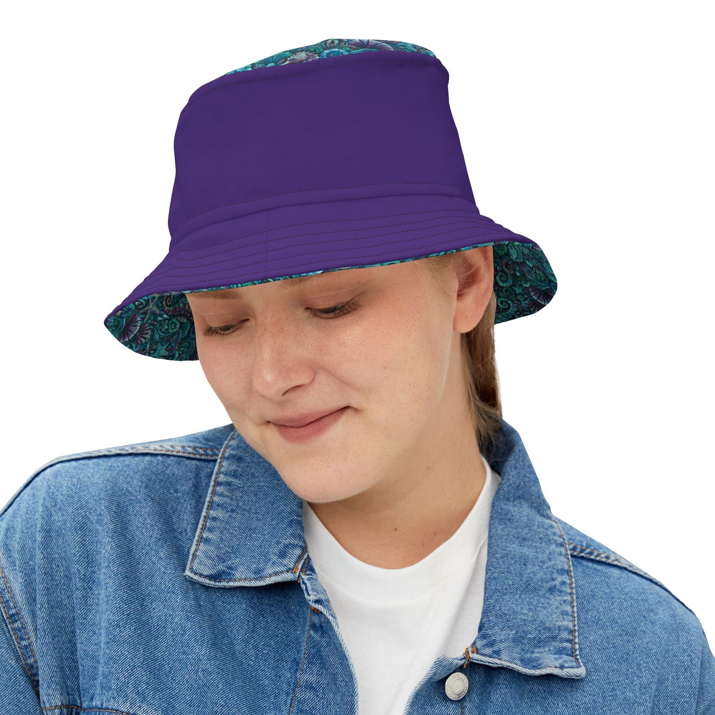 Tropical Polyester Bucket Hat, 2 Sizes - Seahorses Turquoise/Purple