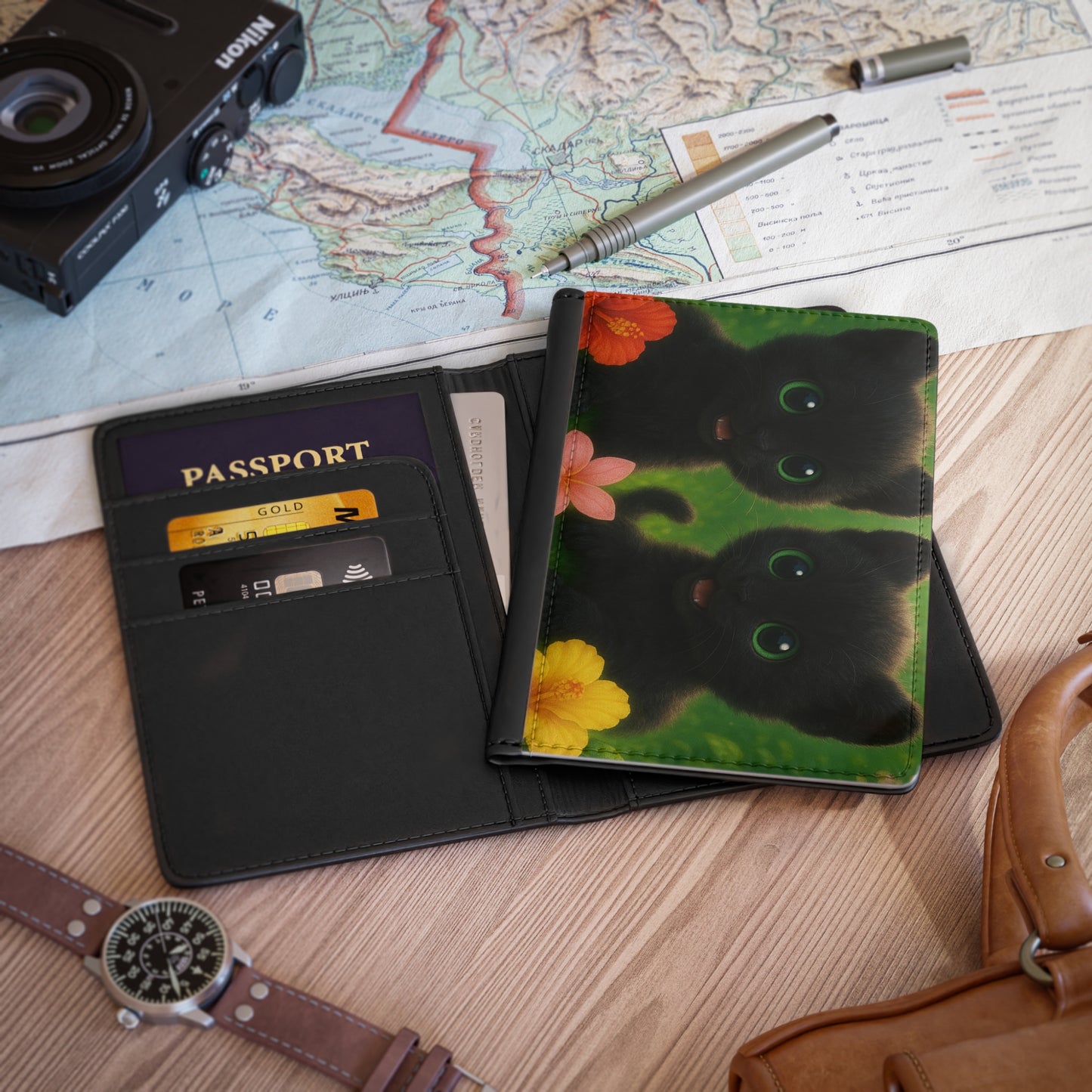 Tropical Passport Cover, Faux Leather - RFID blocking for travel security / Baby Black Panthers