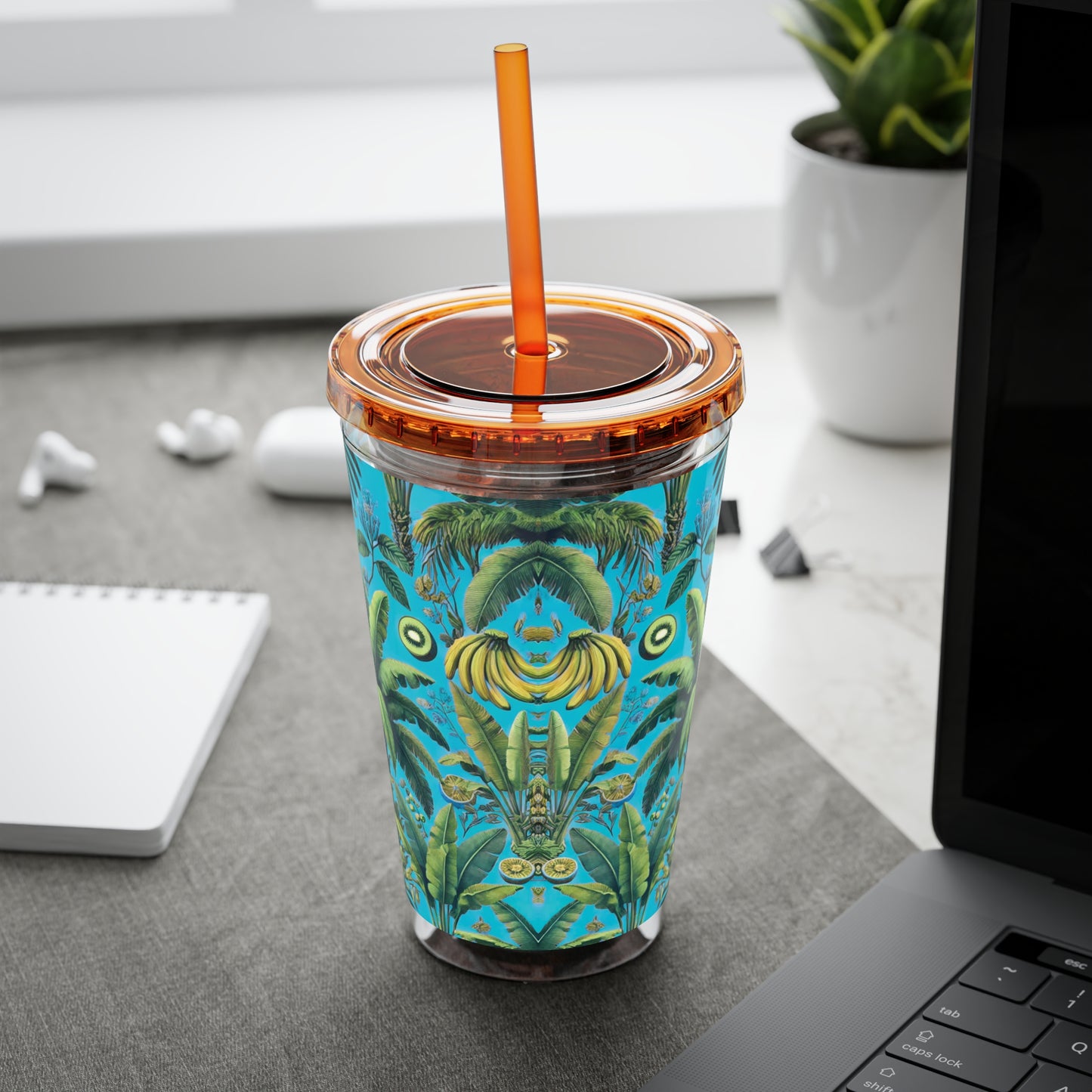 Tropical Tumbler with Straw | 16oz Colorful Travel Cup / More Tropical Fruit, Aqua Blue