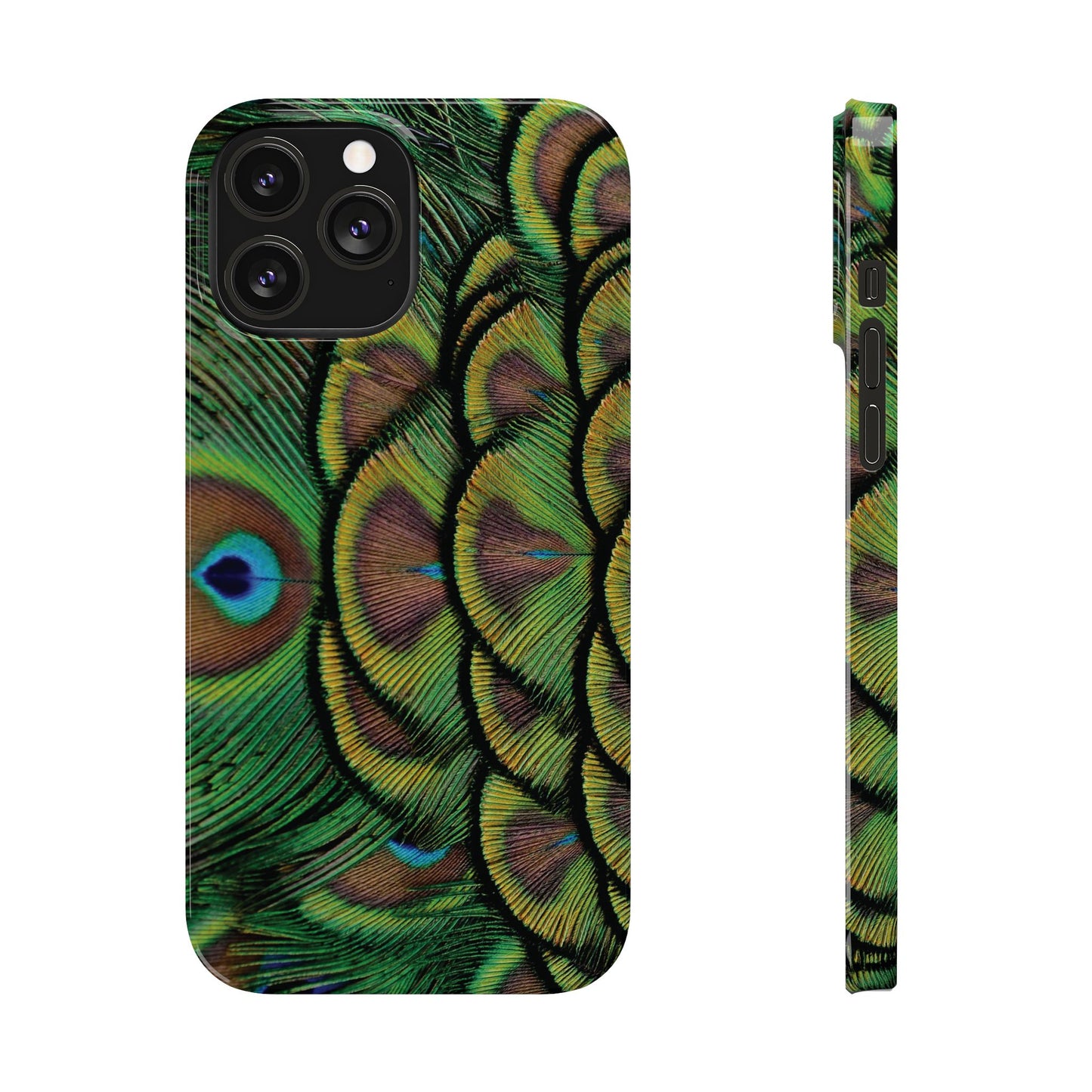 Slim Phone Cases - Brilliant Green Peacock Feathers