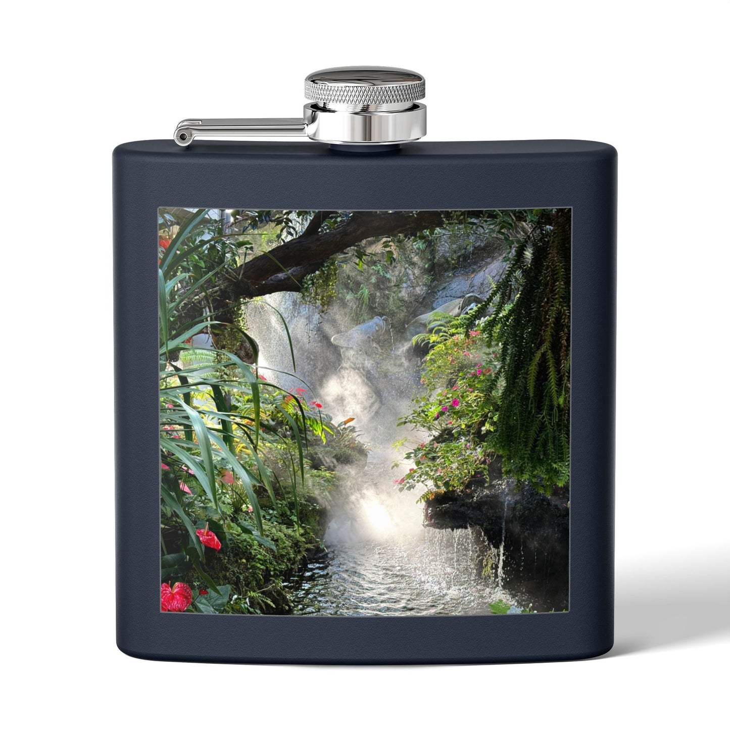 Tropical Stainless Steel 6 oz. Flask, Many Colors  – Misty Rainforest River