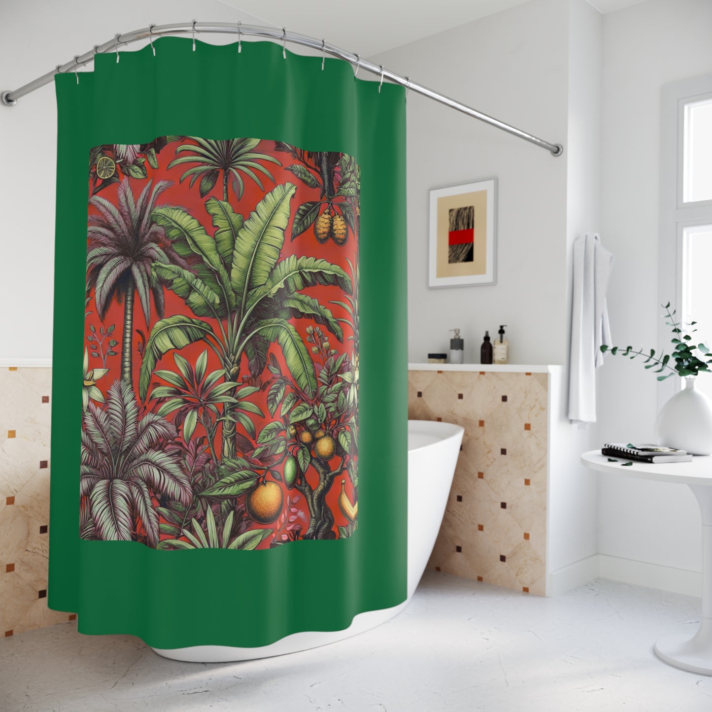 Palm Tree Shower Curtain - Ocean Bathroom Decor / Tropical Fruit/Red, Dark Green