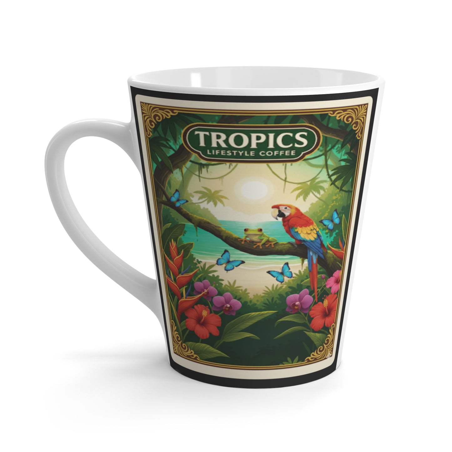 Latte White Mug - Parrot Beach Poster / TLCoffee Logo