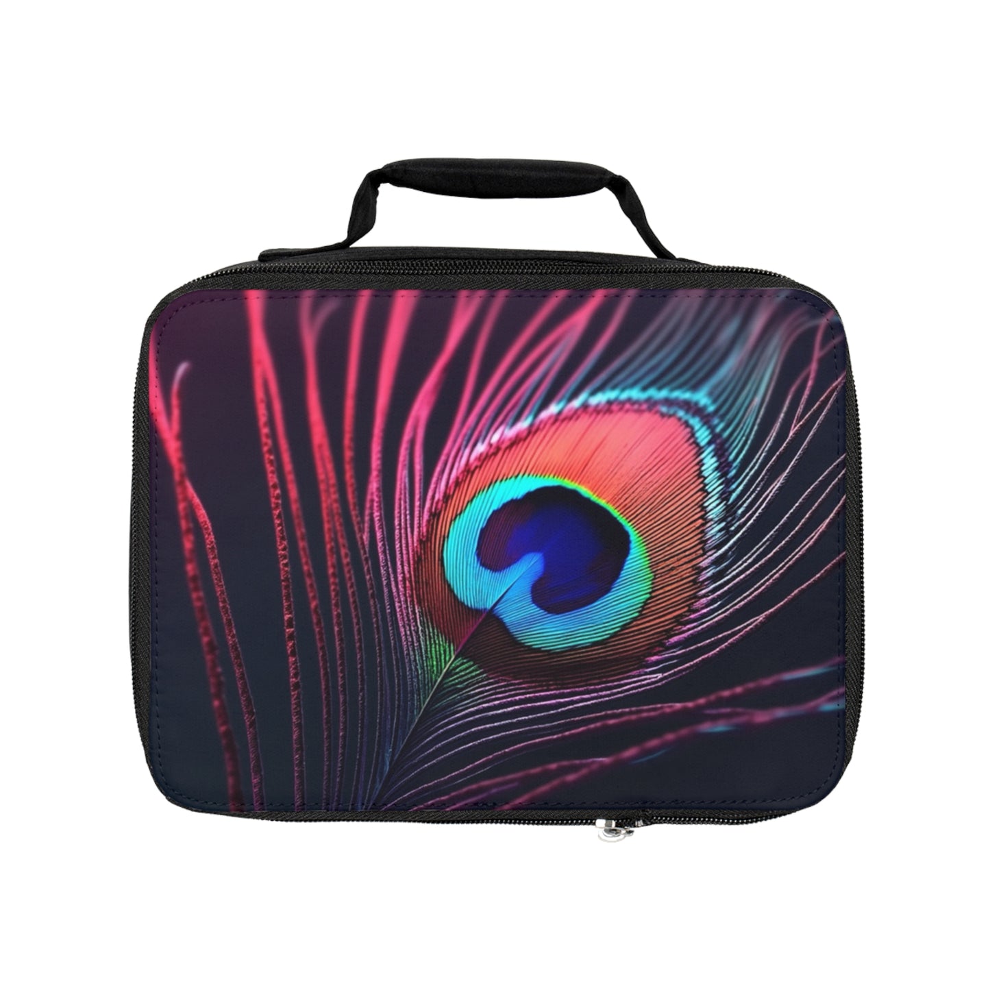 Peacock Eye Feather/Magenta Lunch Bag - Eco-Friendly Insulated Tote, Adult and Child Lunchbox / Perfect for Picnics, Beach Outings