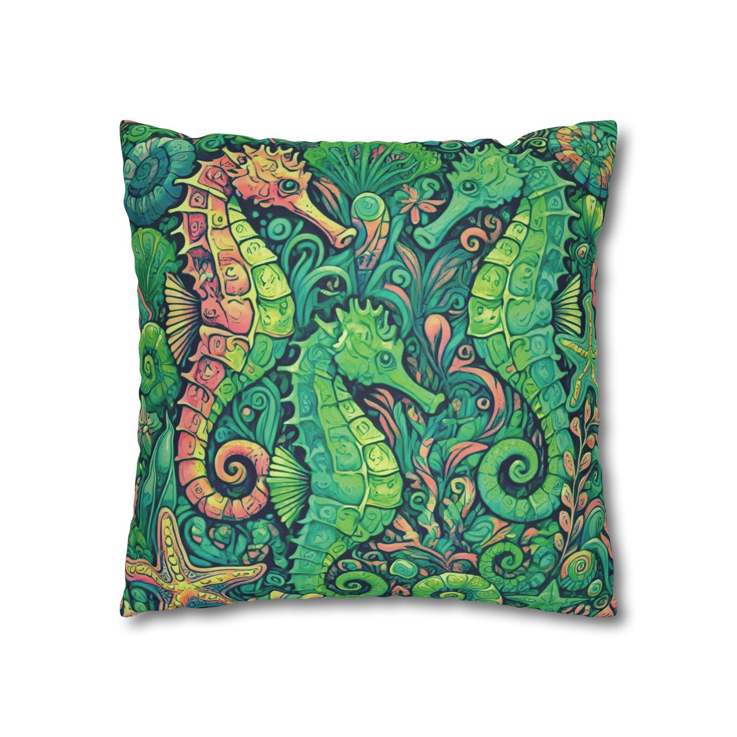 Faux Suede Square Pillowcase - Seahorse Trio/Hot Lime