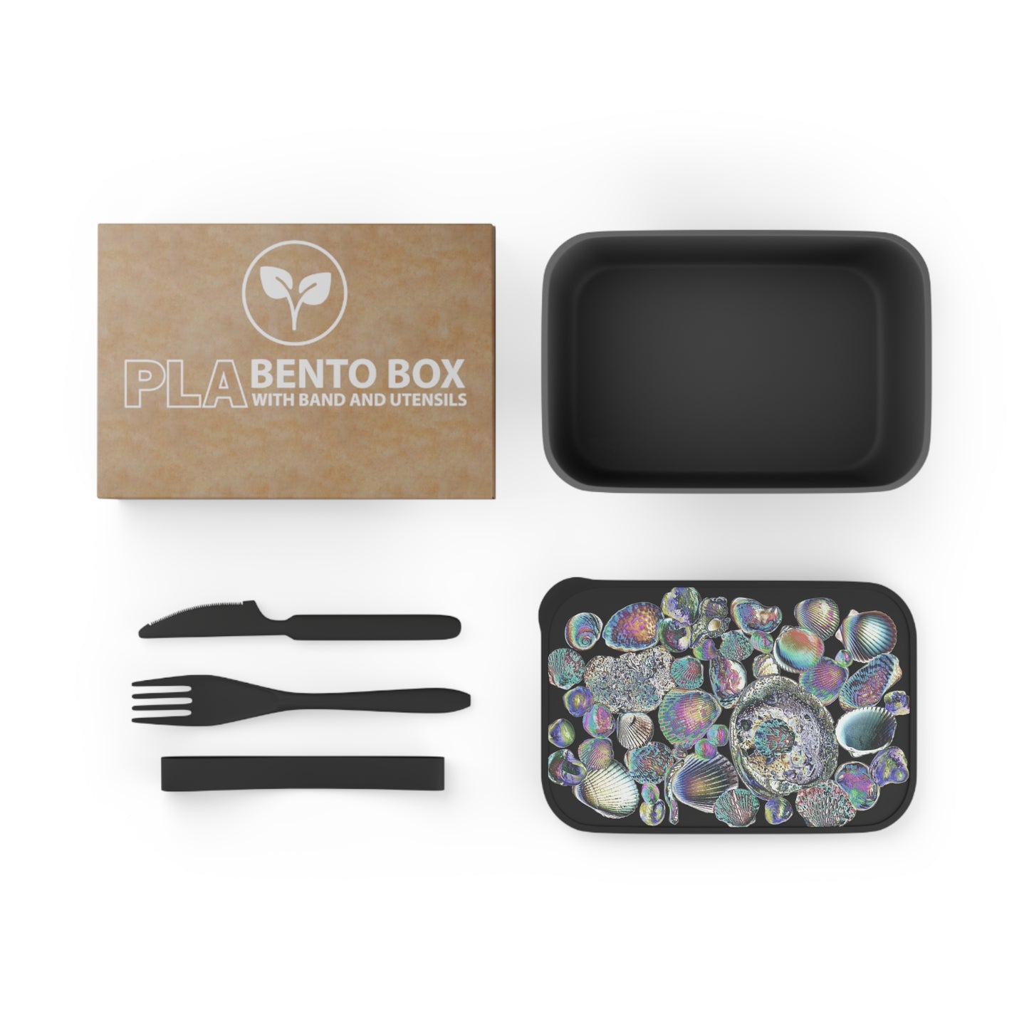 Bento Box with Utensils - Heatwave Seashell Collection, black