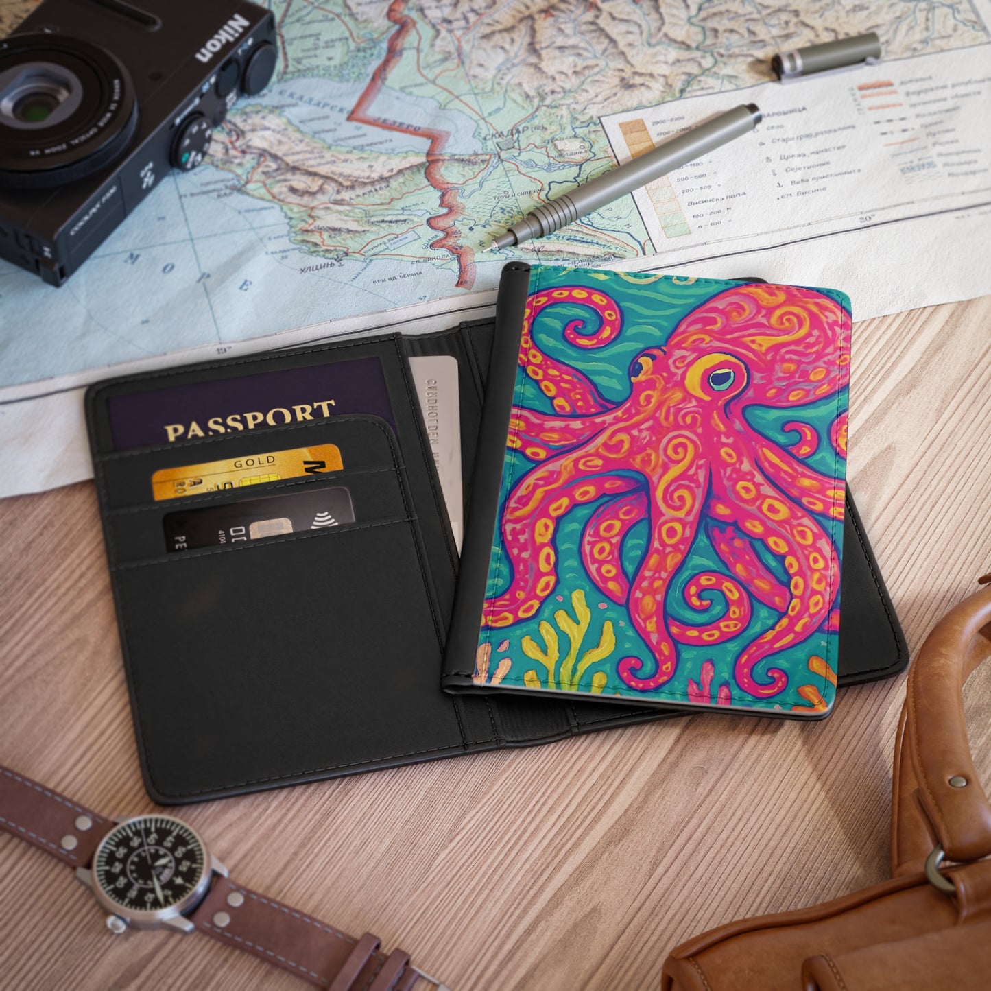 Tropical Passport Cover, Faux Leather - RFID blocking for travel security / Octopus Kraken Joe, Red