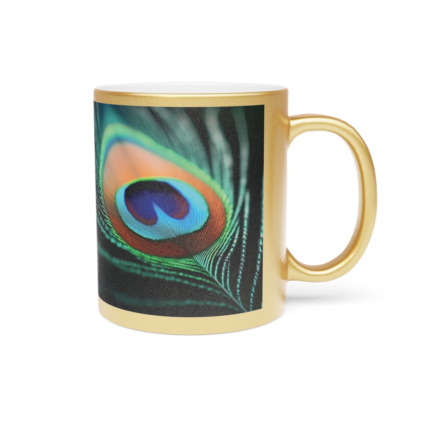 Tropical Metallic Mug, Gold or Silver: Peacock Eye Feather