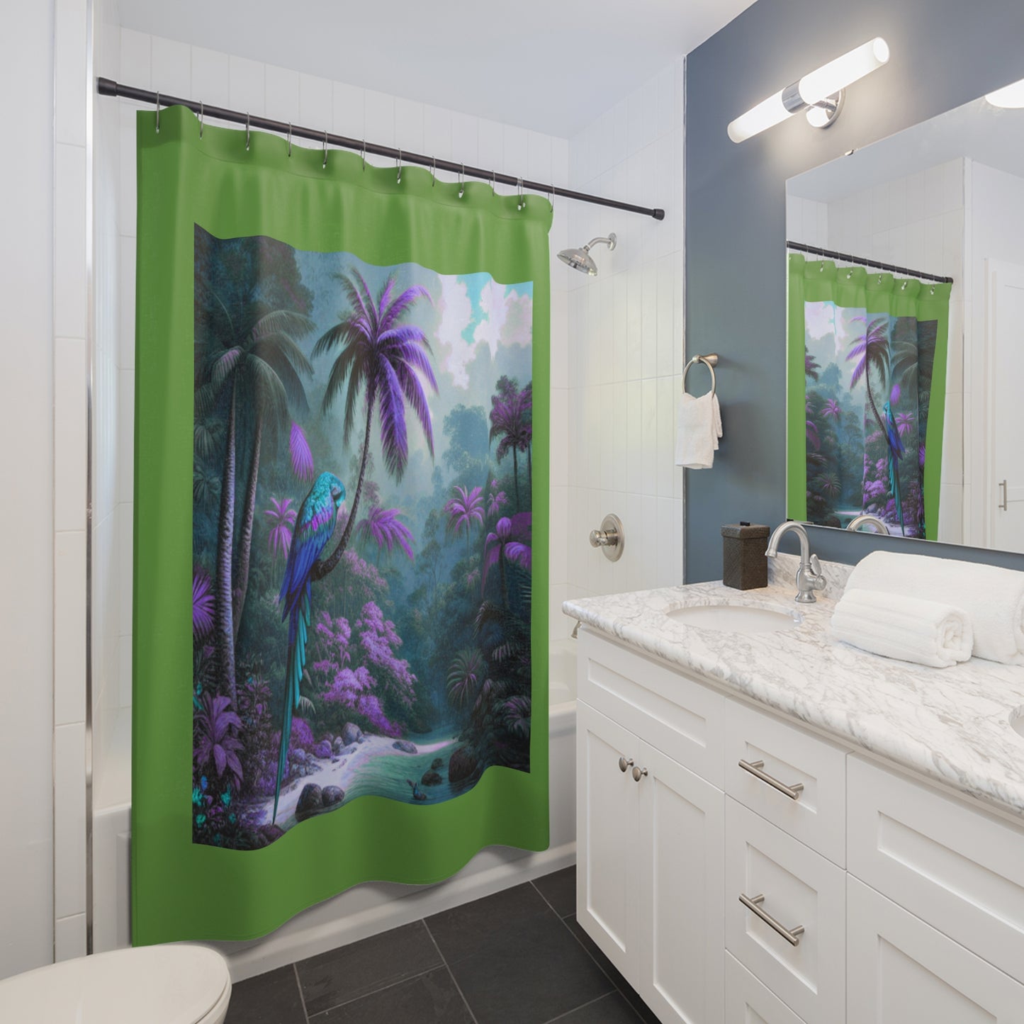 Tropical Shower Curtain - Rainforest Bathroom Decor / Sleeping Beauty Parrot Fantasy, Green