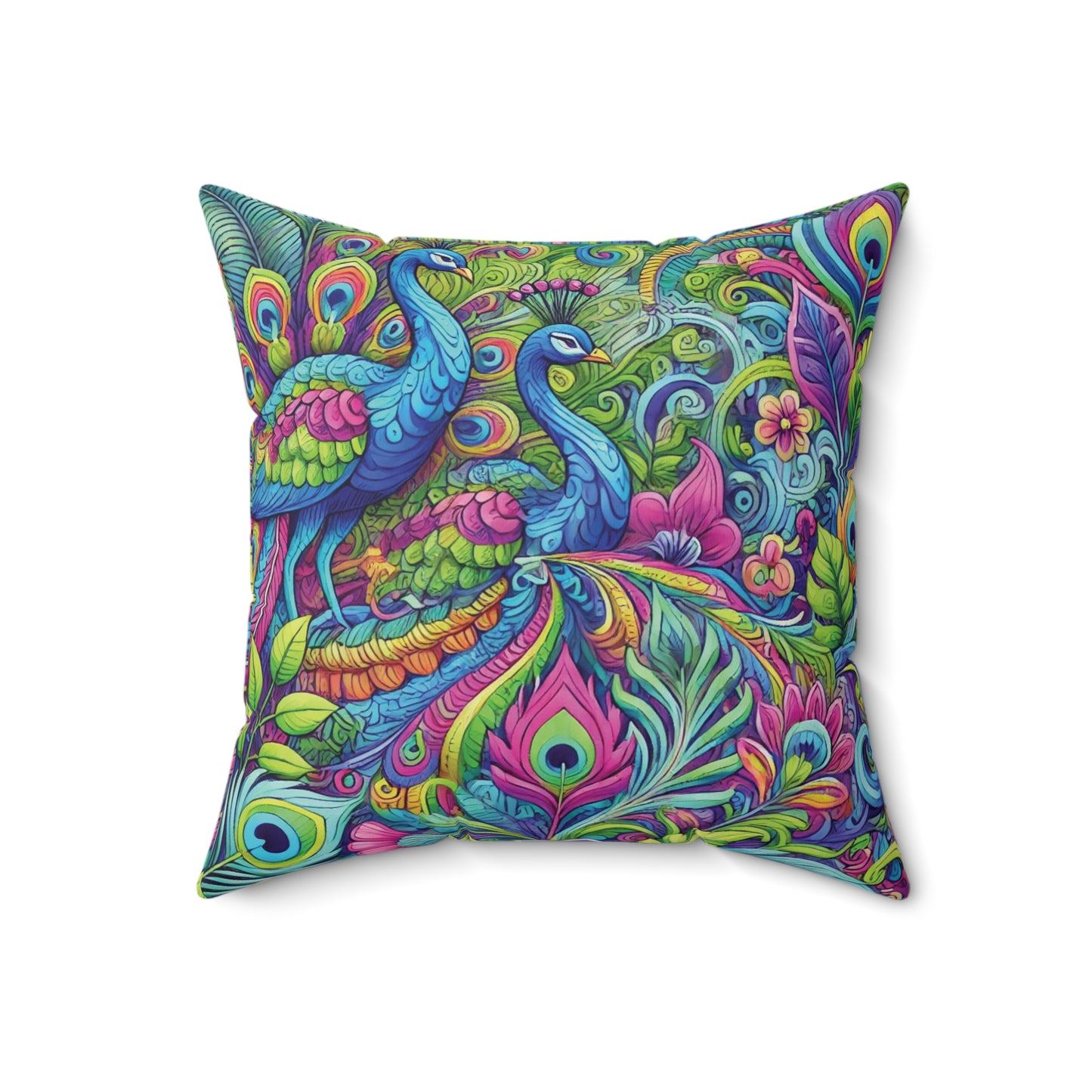 Spun Polyester Square Pillow - Rainforest Peacocks Pop
