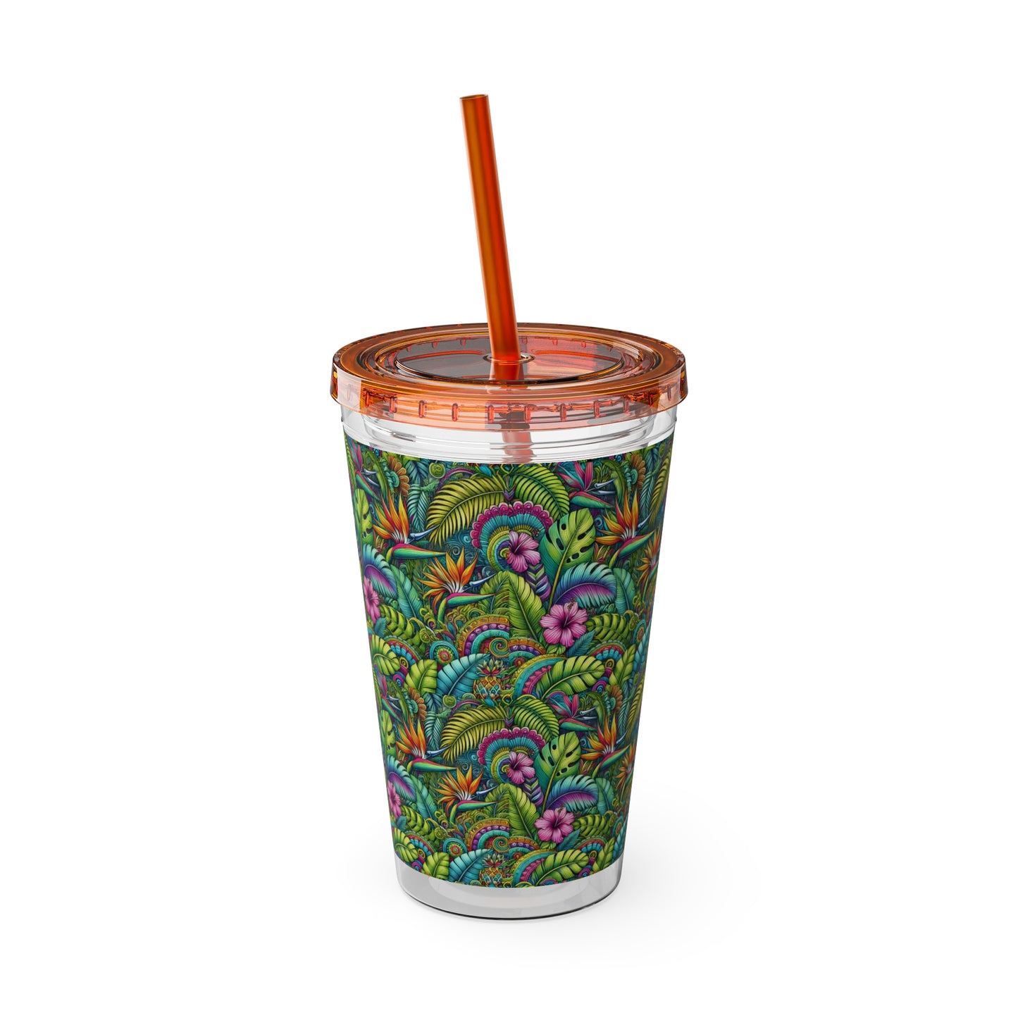 Tropical Tumbler with Straw | 16oz Colorful Travel Cup / Rainforest Blooms