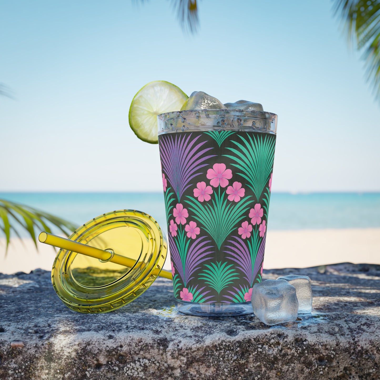 Tropical Tumbler with Straw | 16oz Colorful Travel Cup / Midnight Hibiscus Deco, Pink