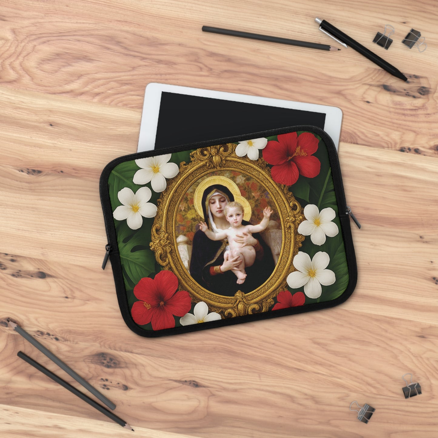 Religious Floral Laptop Computer Sleeve, Portable Tech Gift / Virgin of the Lilies