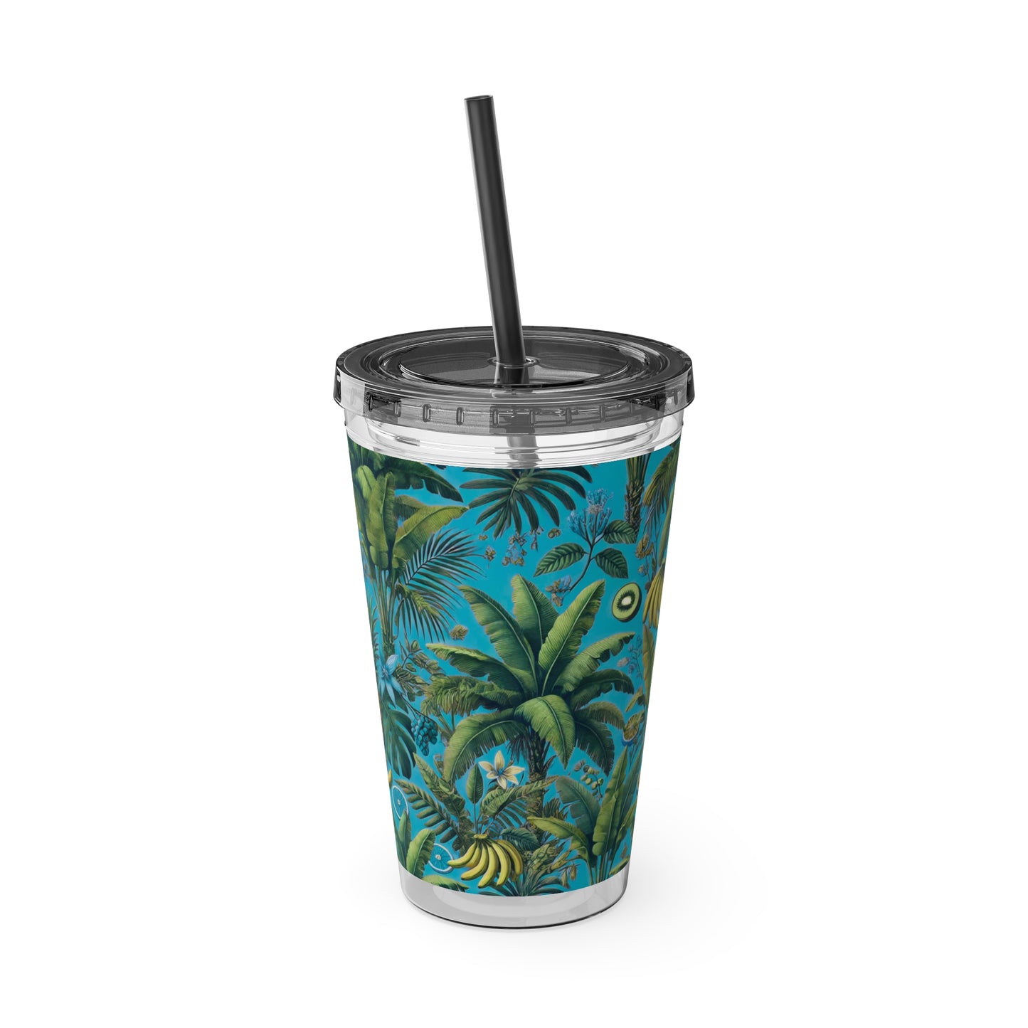 Tropical Tumbler with Straw | 16oz Colorful Travel Cup / More Tropical Fruit, Aqua Blue