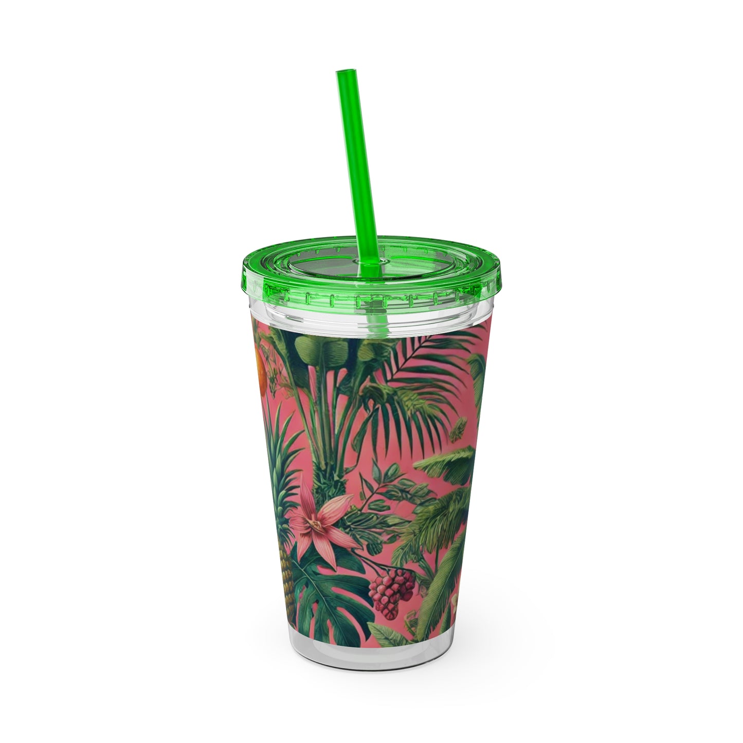 Tropical Tumbler with Straw | 16oz Colorful Travel Cup / More Tropical Fruit, Coral