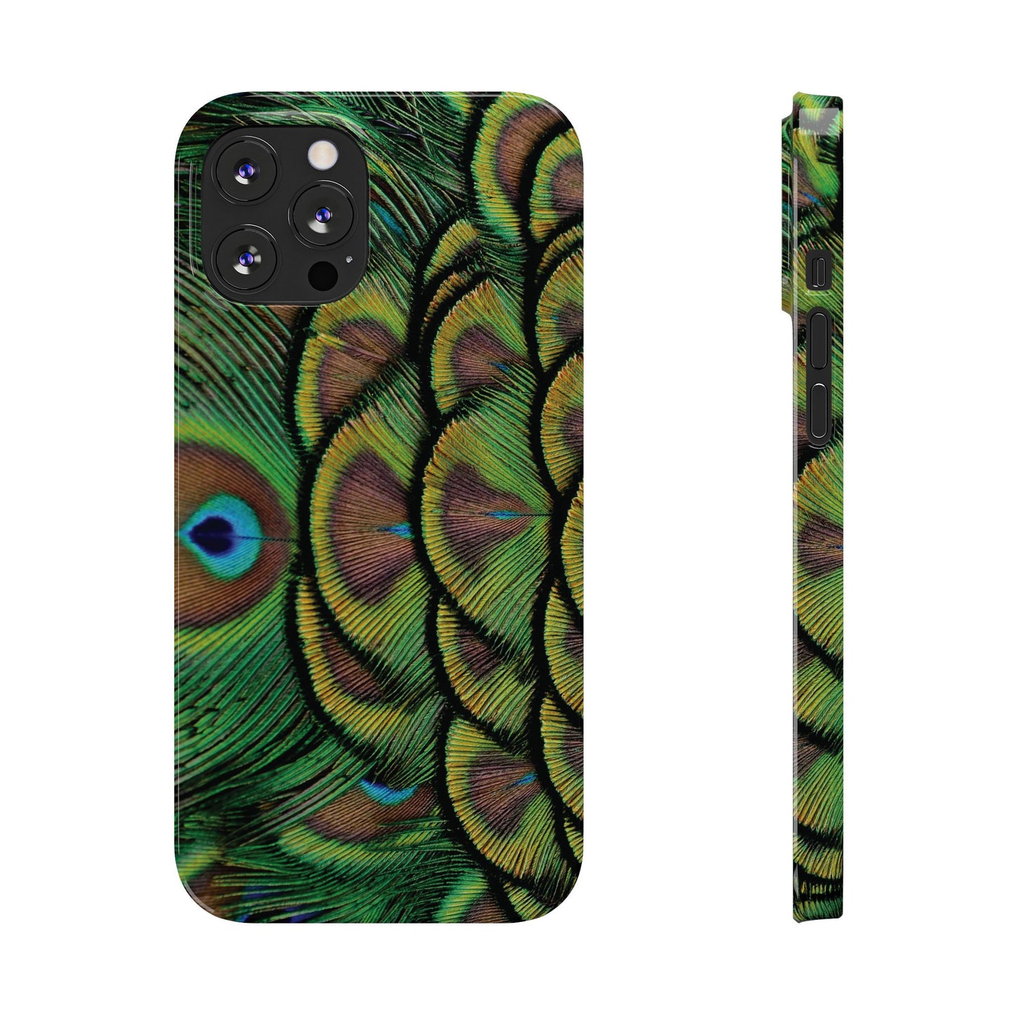 Slim Phone Cases - Brilliant Green Peacock Feathers