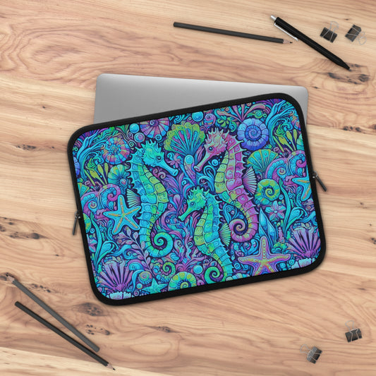 Tropical Laptop Sleeve, 5 Sizes - Perfect for Beach Lovers & Students / Seahorses, Turquoise POP