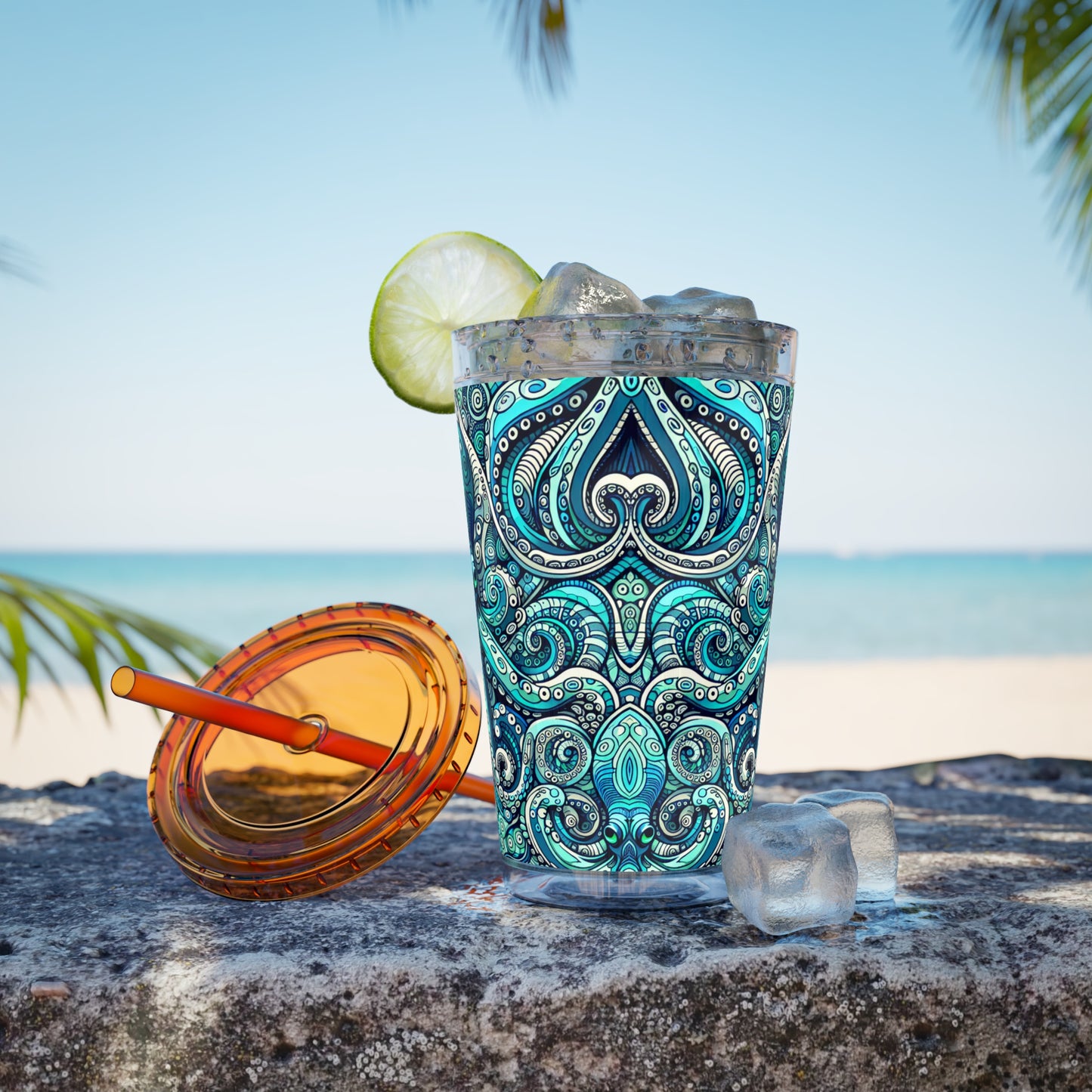 Tropical Tumbler with Straw | 16oz Colorful Travel Cup / Aqua Octopus