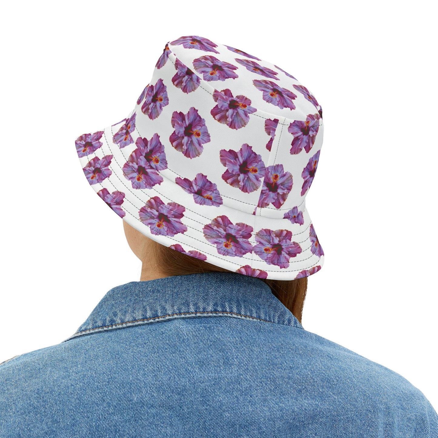 Tropical Polyester Bucket Hat, 2 Sizes - Hibiscus Flower/Purple
