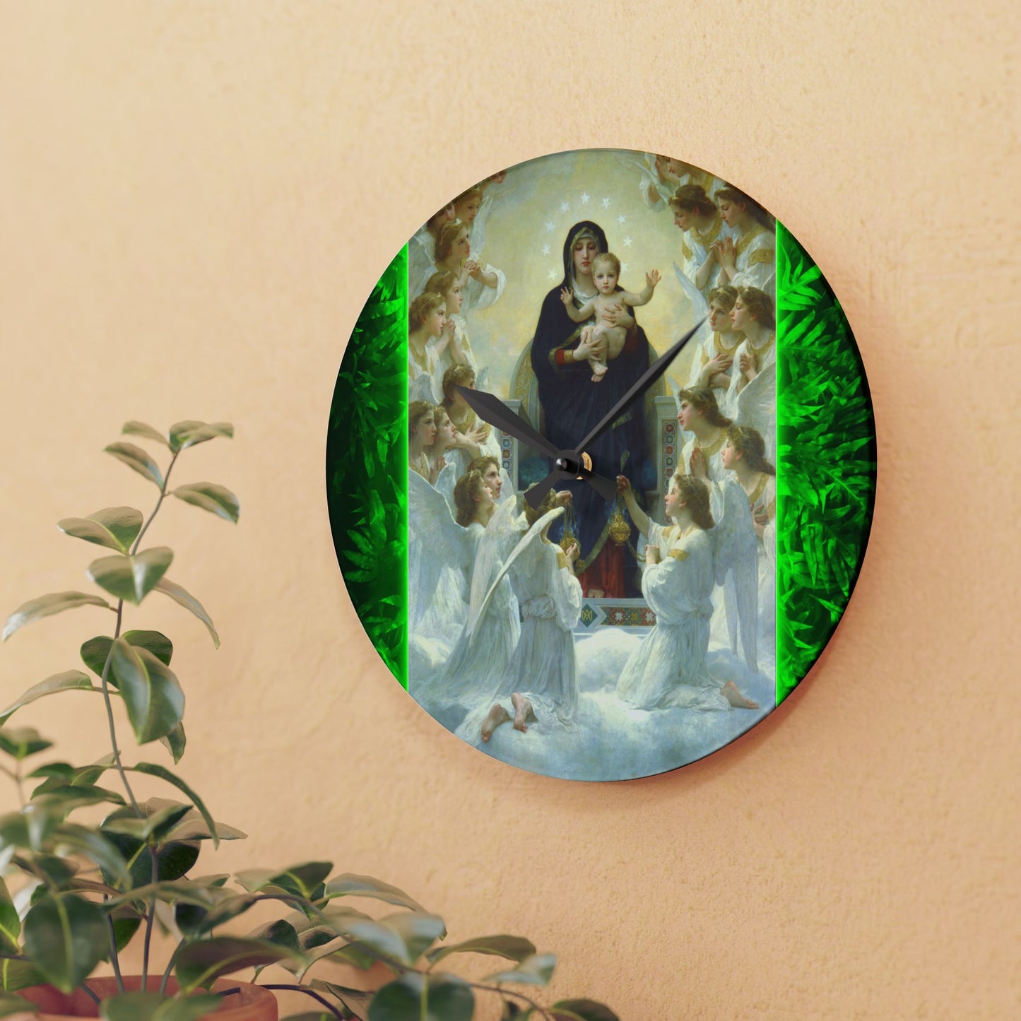 "Tropical Glow Our Lady Mary With Angels" Acrylic Wall Clock - Elegant Religious Decor for Home and Office