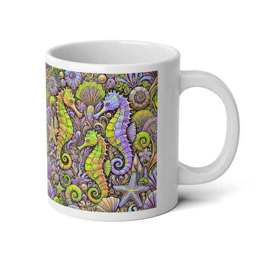 Jumbo Mug, 20oz, Seahorses Purple and Yellow | Tropical Coffee Cup