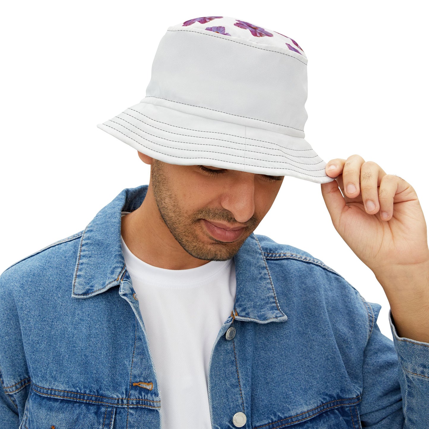Tropical Polyester Bucket Hat, 2 Sizes - Purple Hibiscus/White