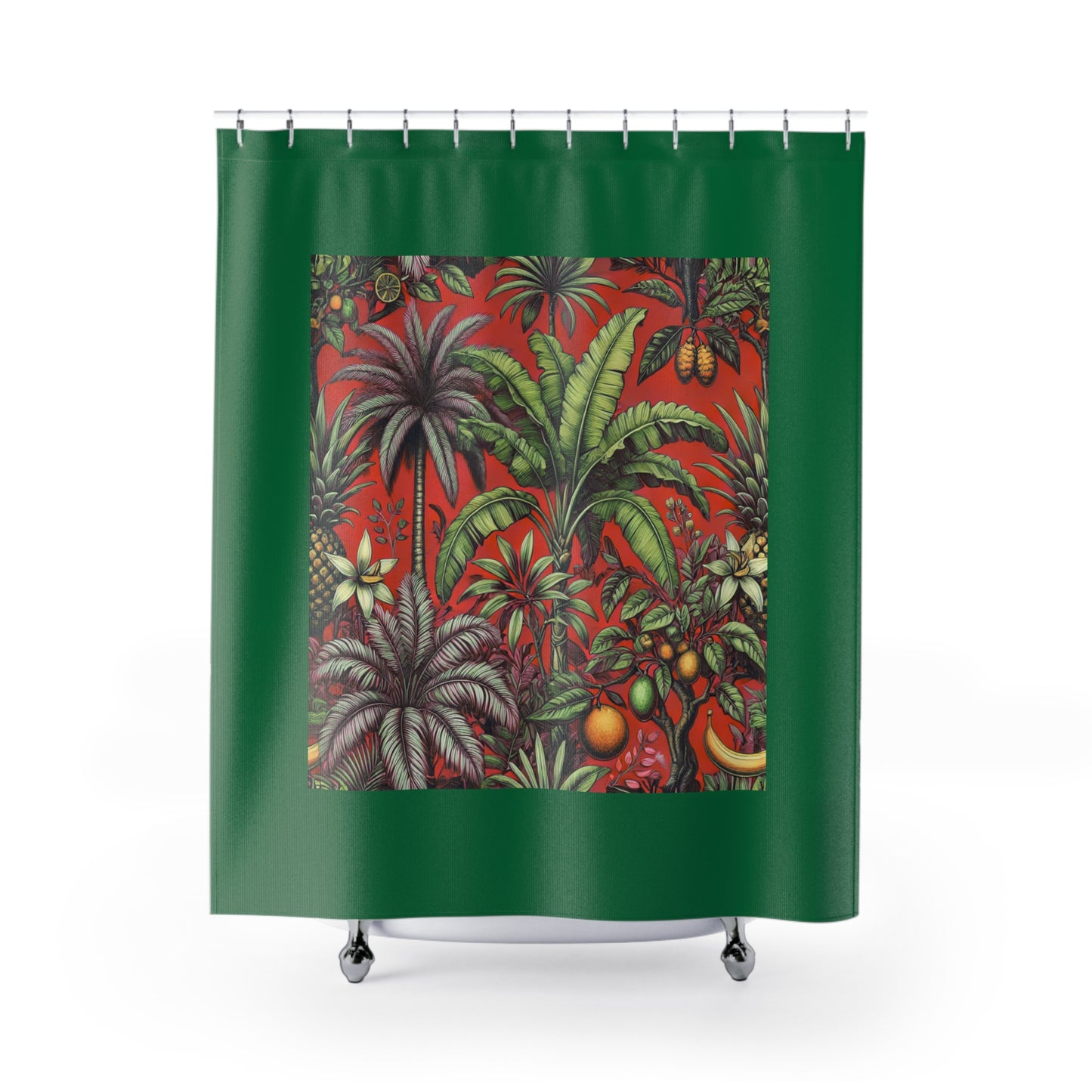 Palm Tree Shower Curtain - Ocean Bathroom Decor / Tropical Fruit/Red, Dark Green