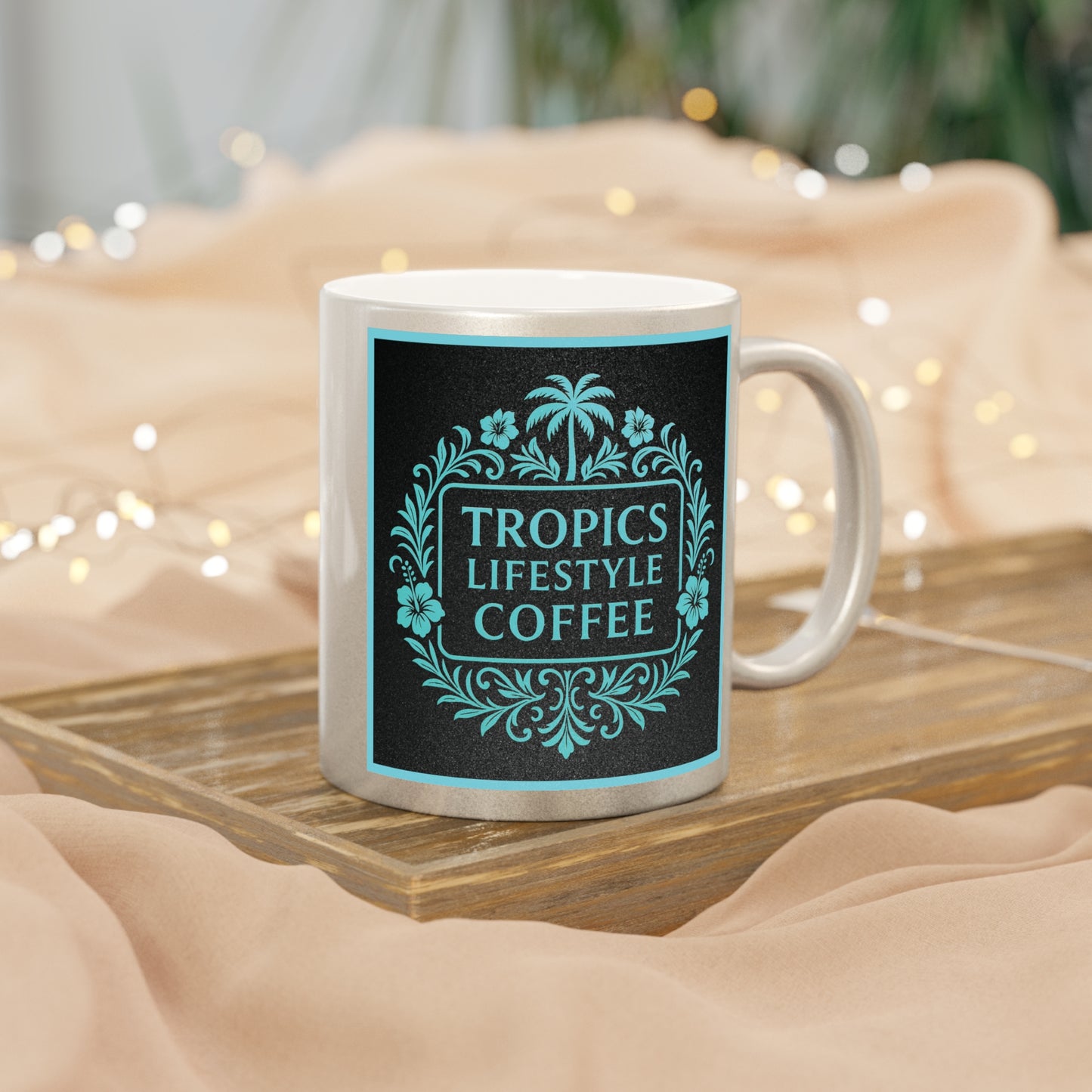 Tropical Metallic Mug, Gold or Silver - Tropics Lifestyle Coffee, Black/Turquoise Logo