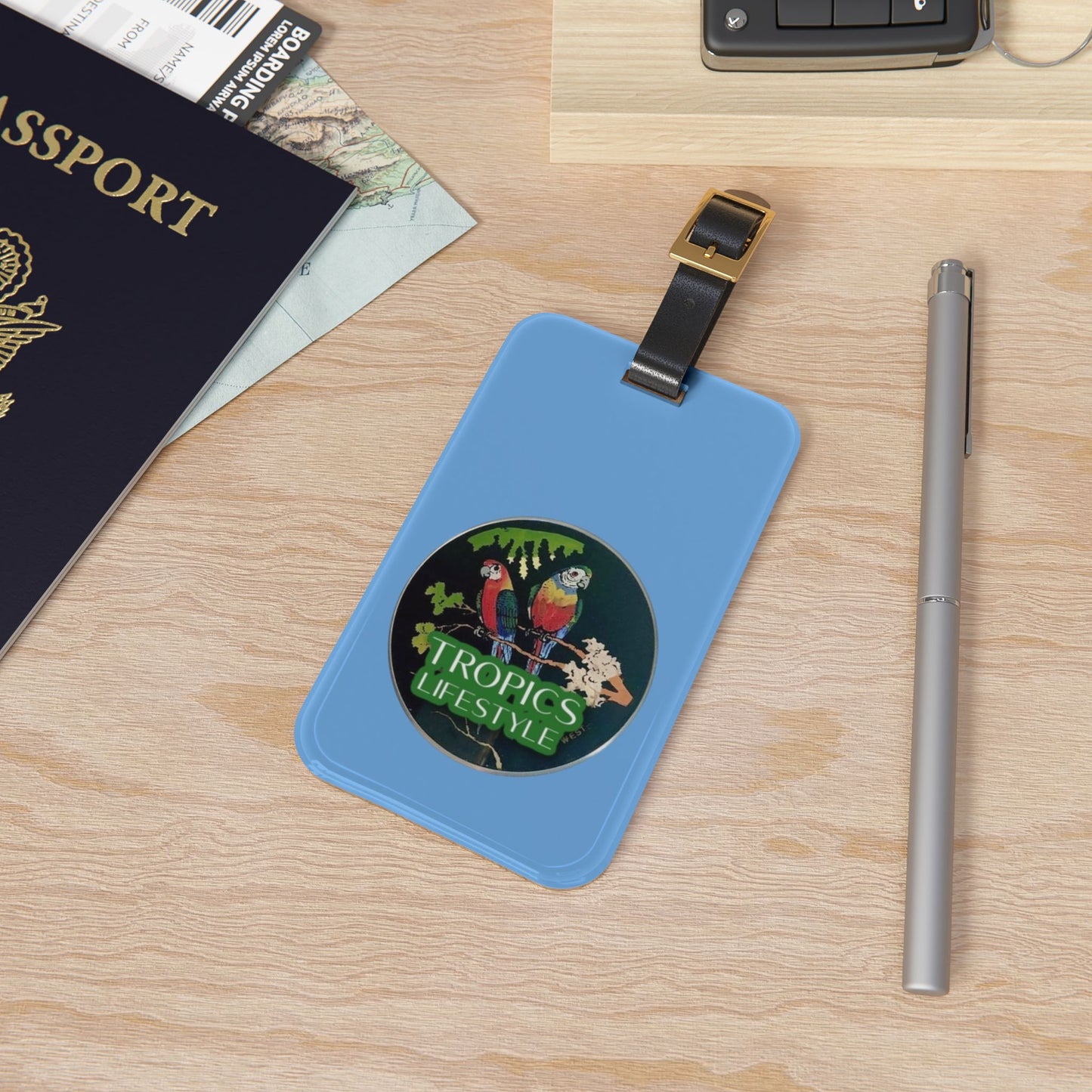 Luggage Tag - Two Brazilian Parrots, lt. blue