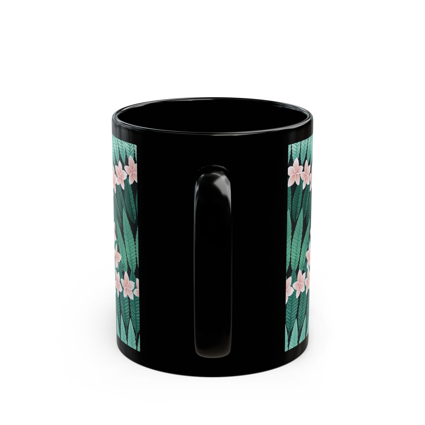 Black Mug (11oz, 15oz), Plumeria and Palms, Evergreen