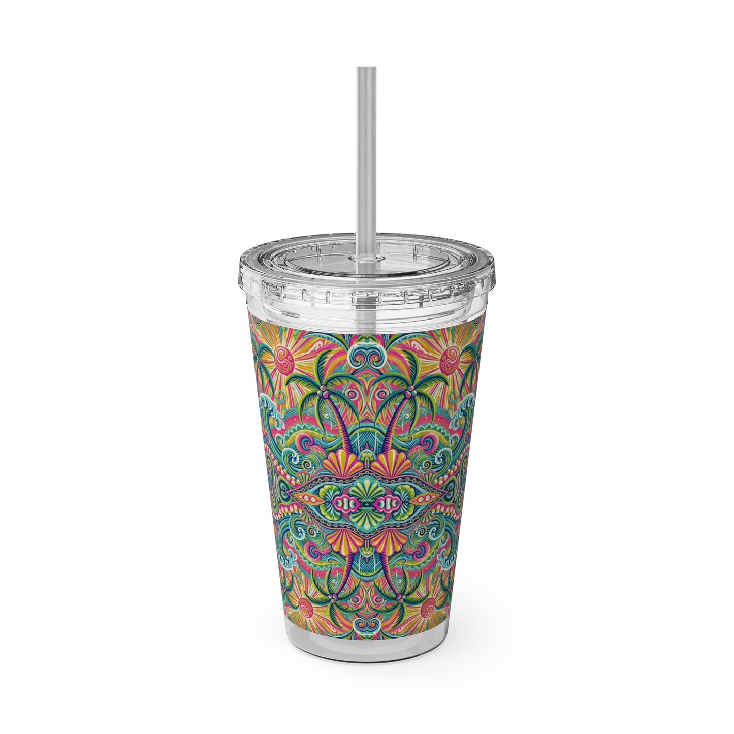 Tropical Tumbler with Straw | 16oz Colorful Travel Cup / Kaleido Bay