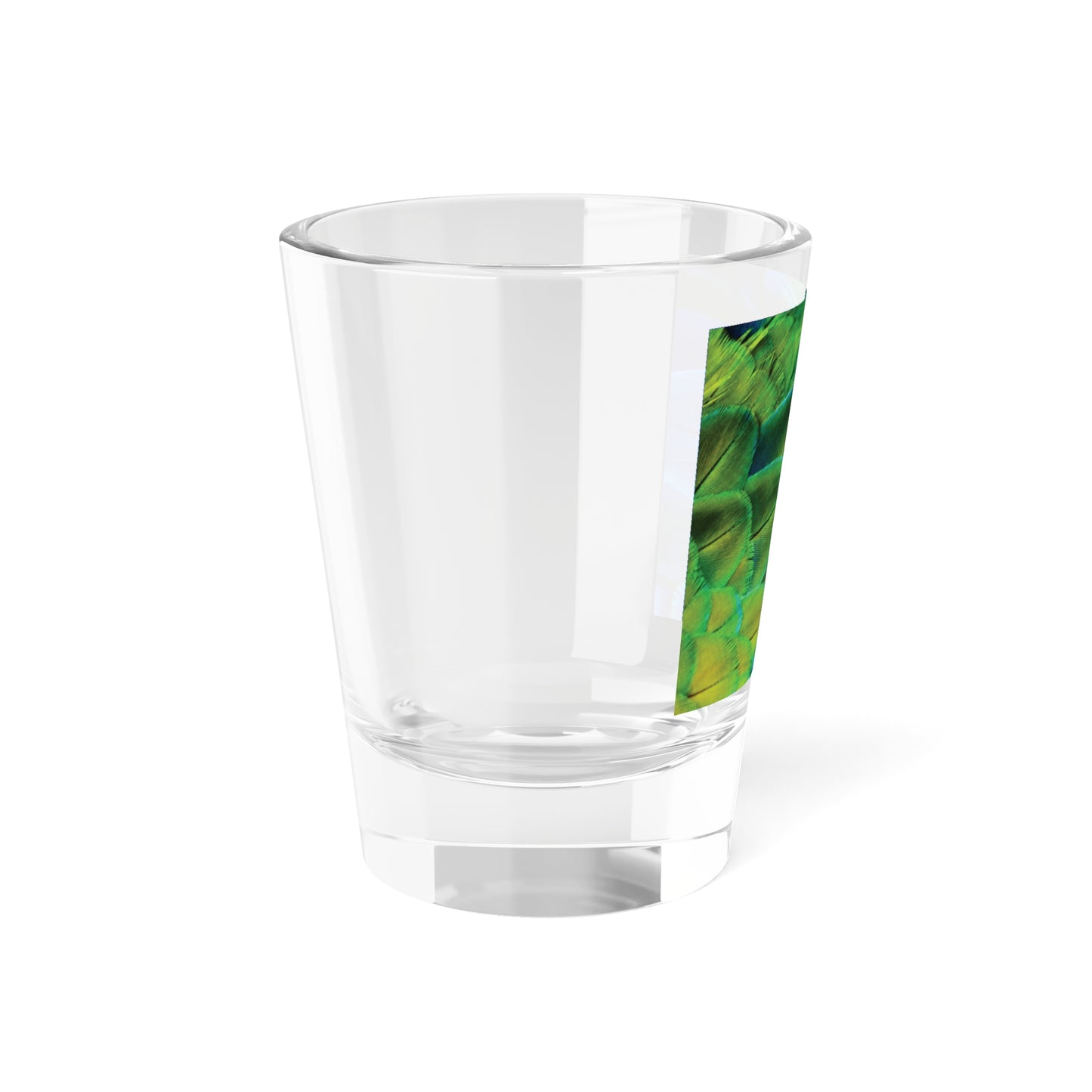 Clear Shot Glass, 1.5oz -Shimmering Peacock Plumes