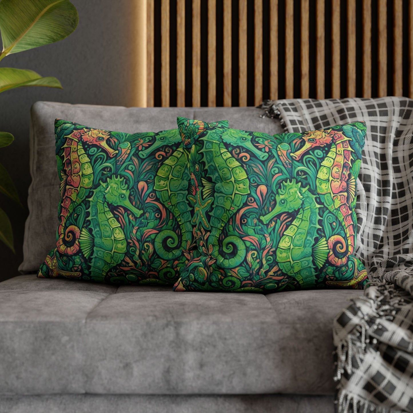 Faux Suede Square Pillowcase - Seahorse Trio/Hot Lime