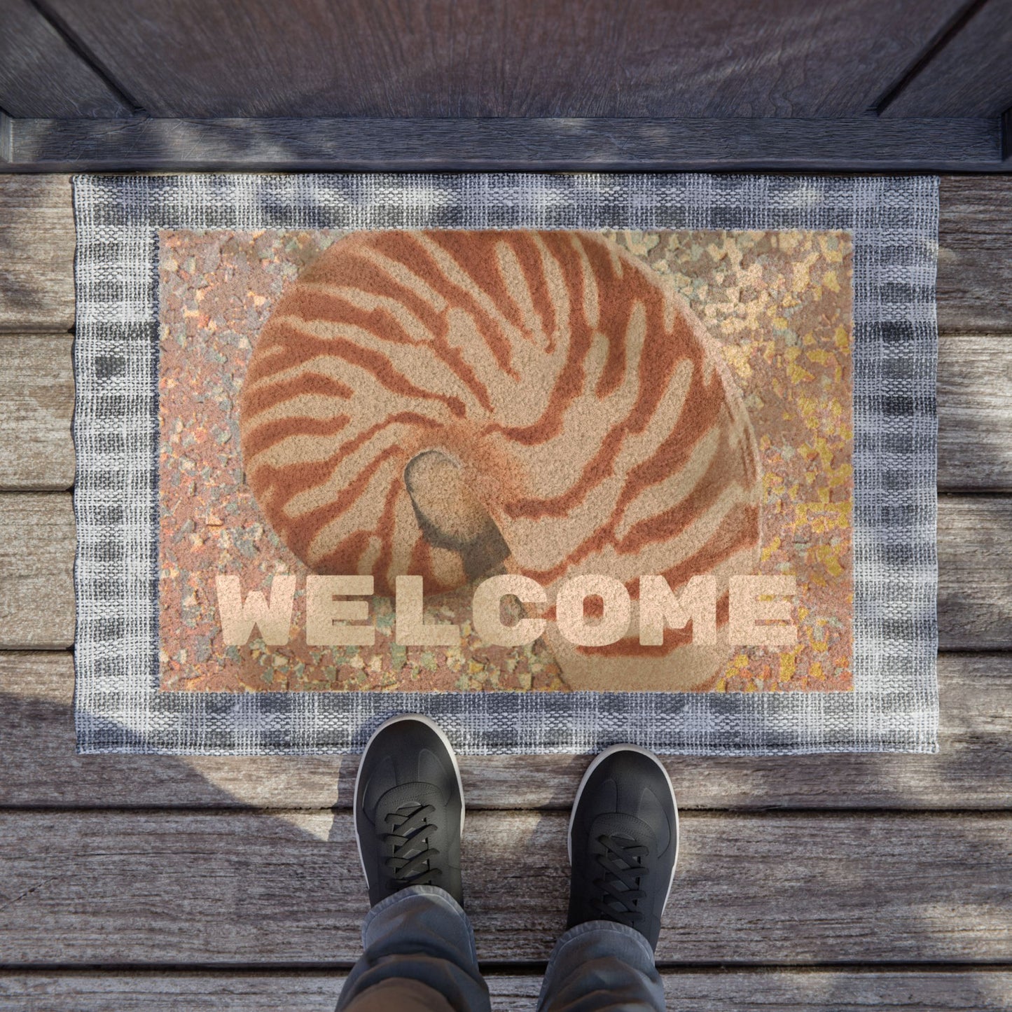 Tropical Shell Doormat - Vibrant Coconut Fiber Entrance Mat / WELCOME Disco Tiger Stripe Nautilus
