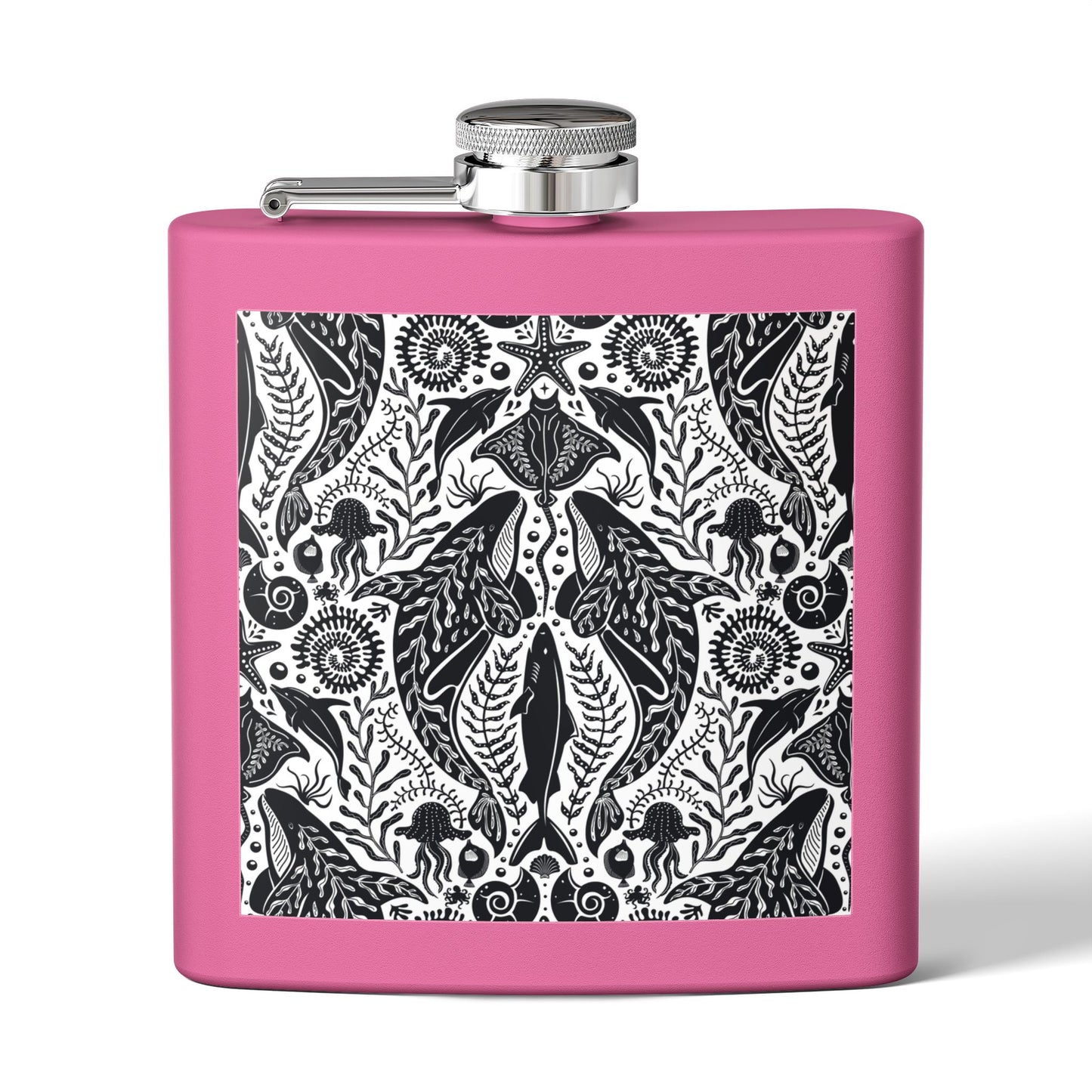 Tropical Stainless Steel 6 oz. Flask, Many Colors  – Mystic Ocean, Black/White