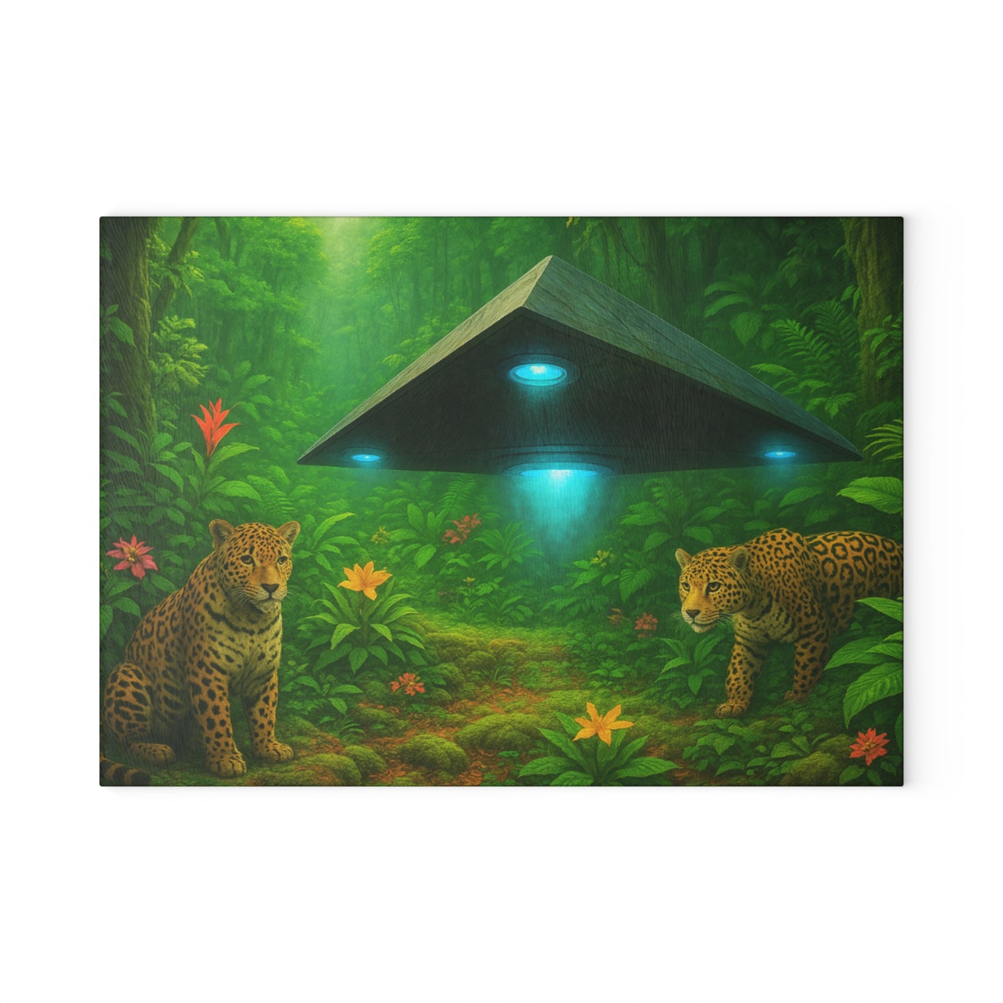 Glass Cutting Board, 2 sizes - Rainforest UFO and Jaguars